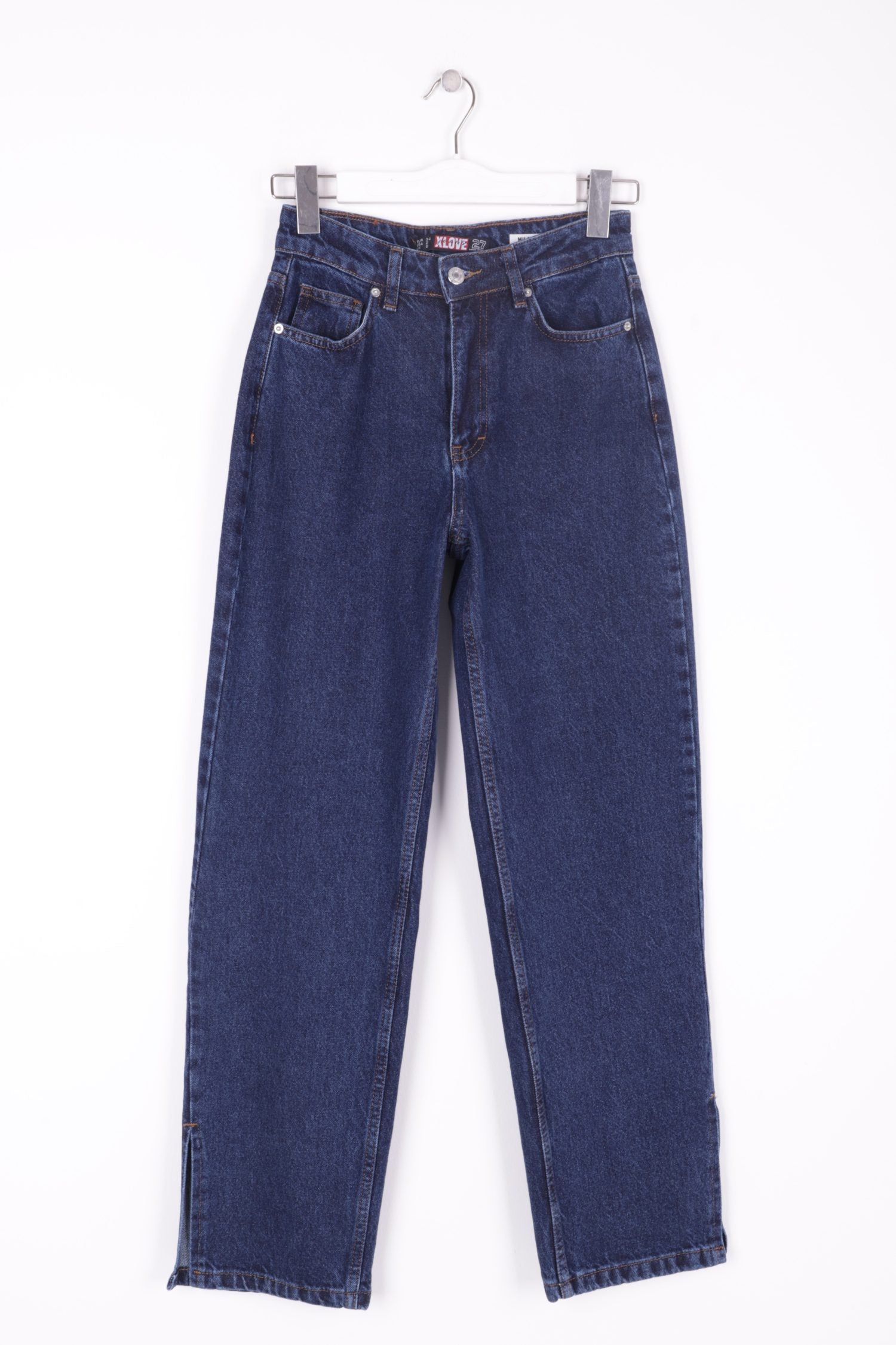 Paçası Yırtmaçlı Boru Paça Relax Kot Pantolon - Düz Koyu Rins - (27-32) - 6