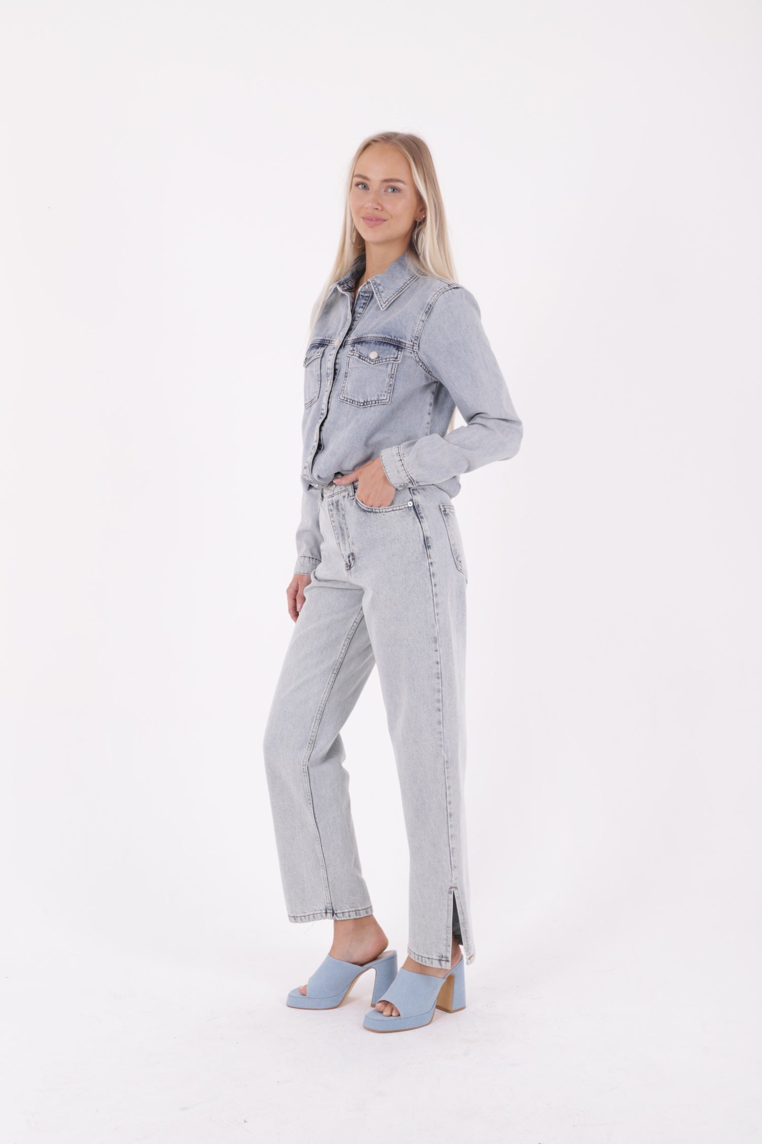 Paçası Yırtmaçlı Boru Paça Relax Kot Pantolon - Buz Mavisi ve Tintli - (27-32) - 4