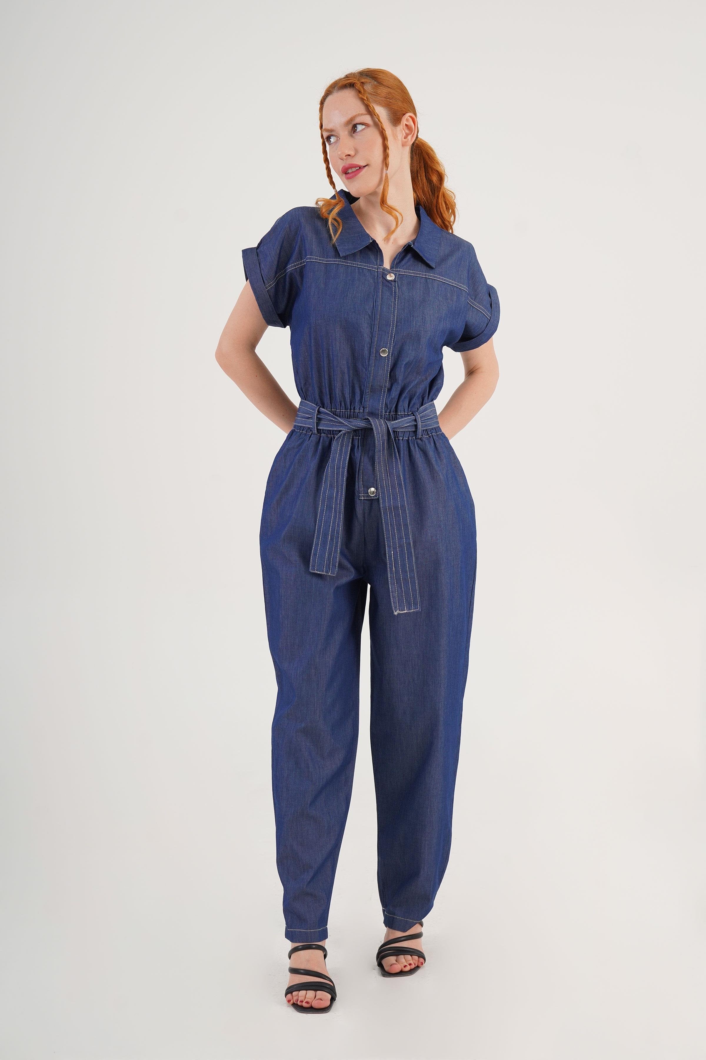 Kısa Kol Kuşaklı Kot Toptan Denim Tulum