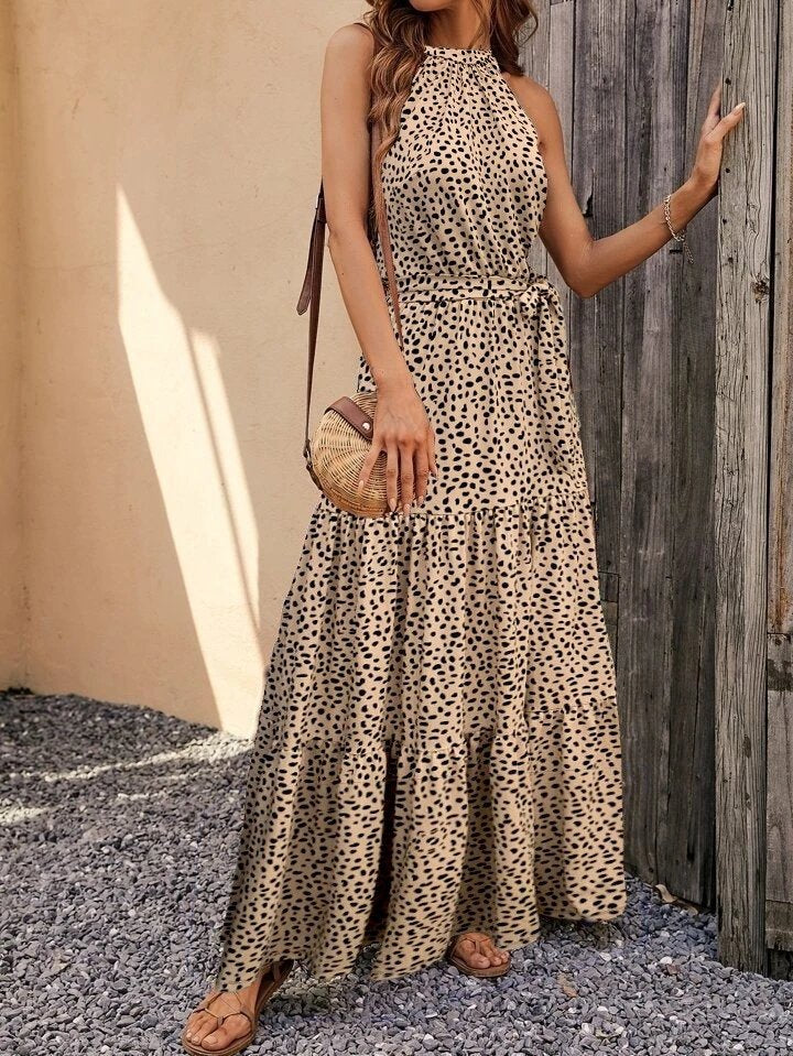 Kadın Kolsuz Halter Yaka Beli Lastikli Leopar Desenli Mikro Elbise, 35524