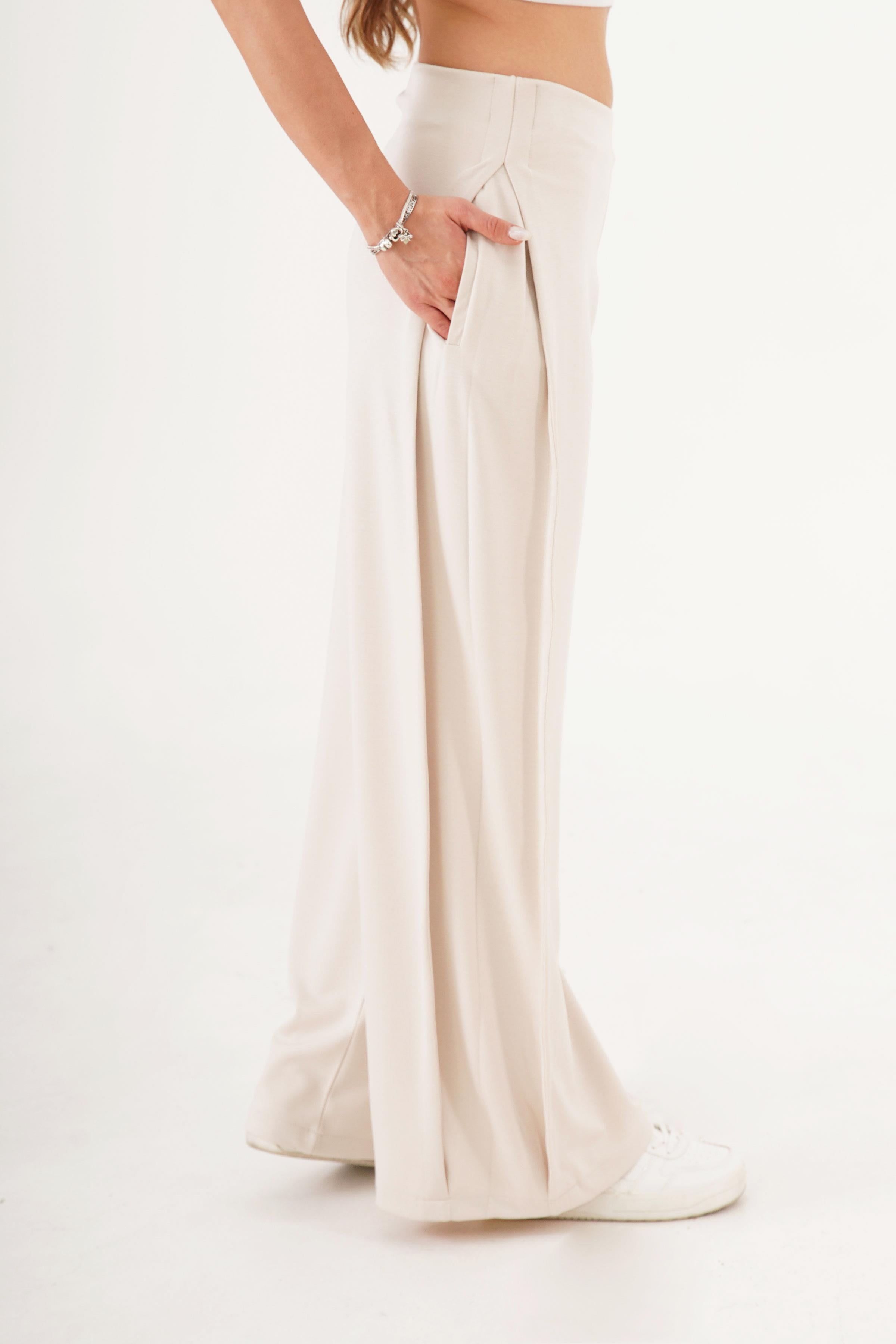 Yan Boydan Pileli Yüksek Bel Taş Spor Pantolon Taş S