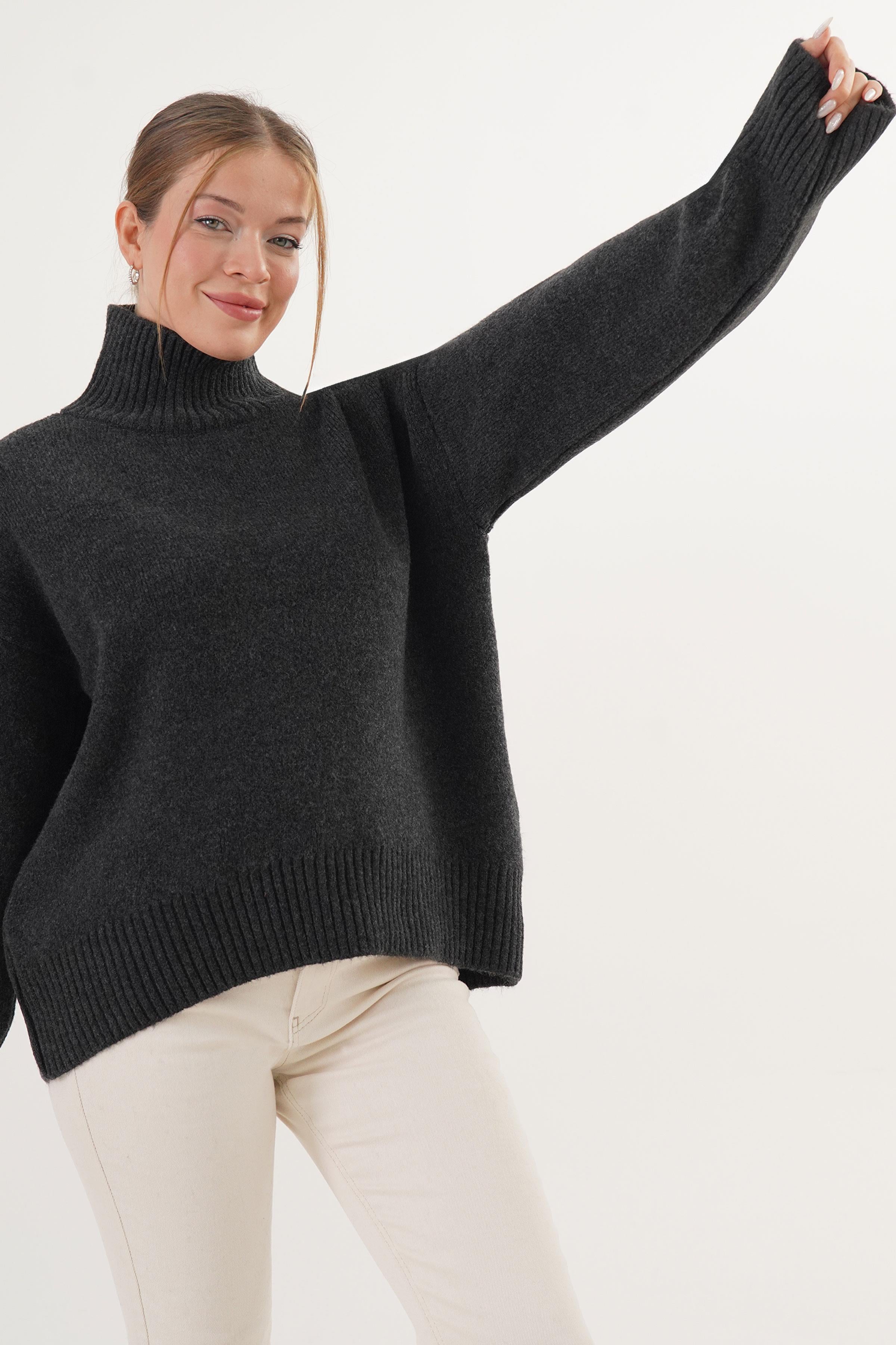 Yarım Balıkçı Yaka Kalın Toptan Antrasit Triko Kazak