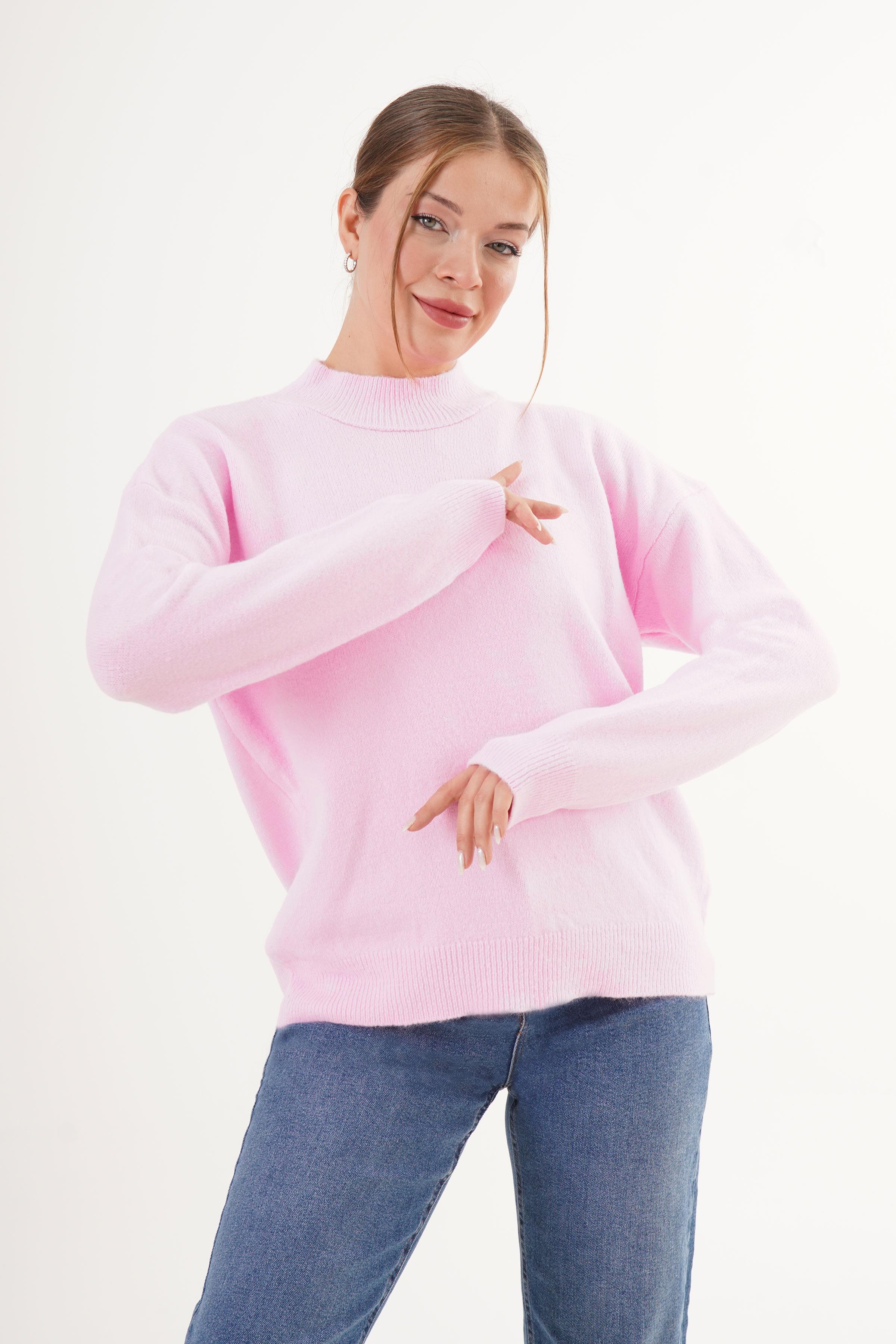 Dik Yaka Trend Toptan Pembe Triko Kazak