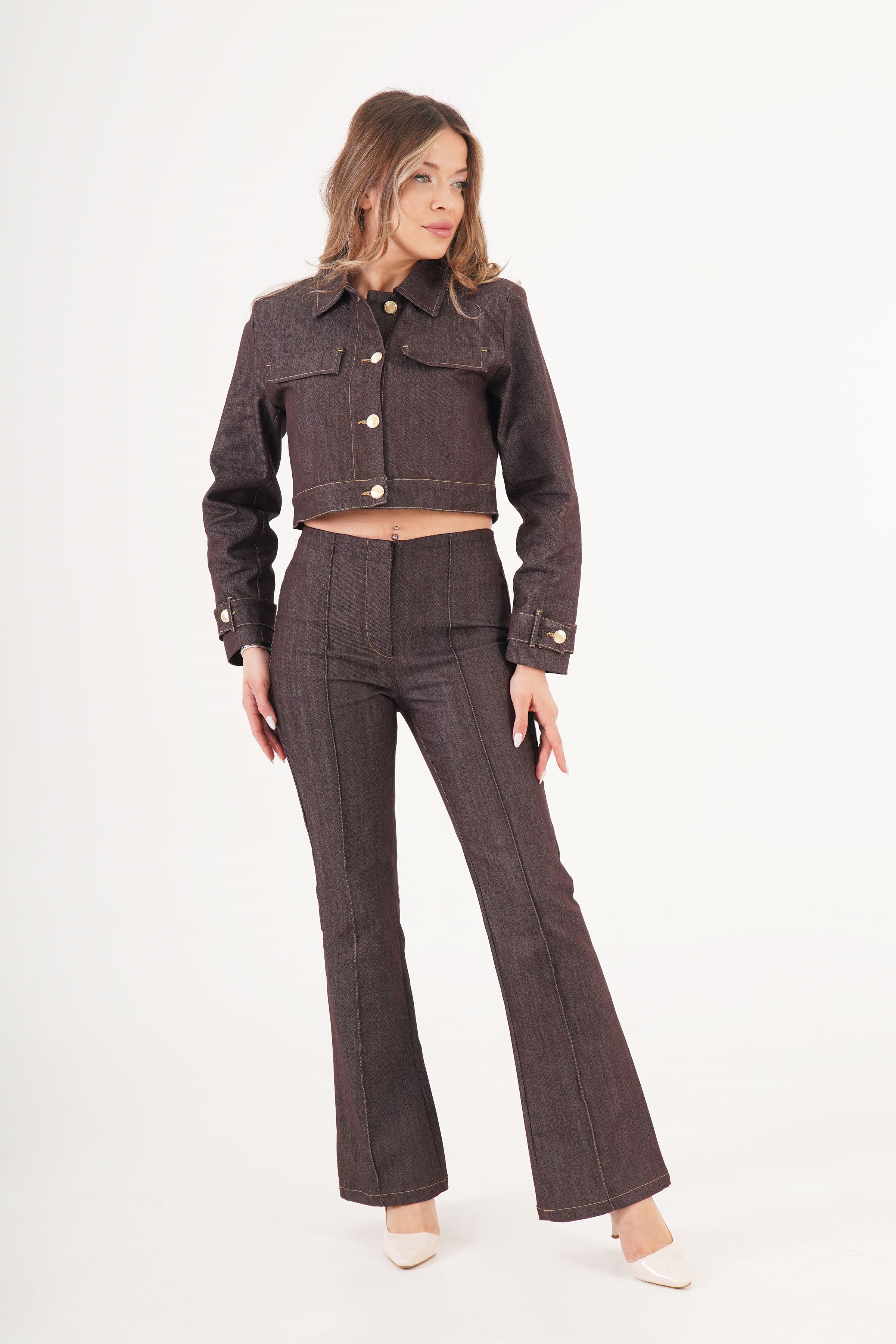 Gold Düğmeli Ceket Pantolon Kahve Denim Takım