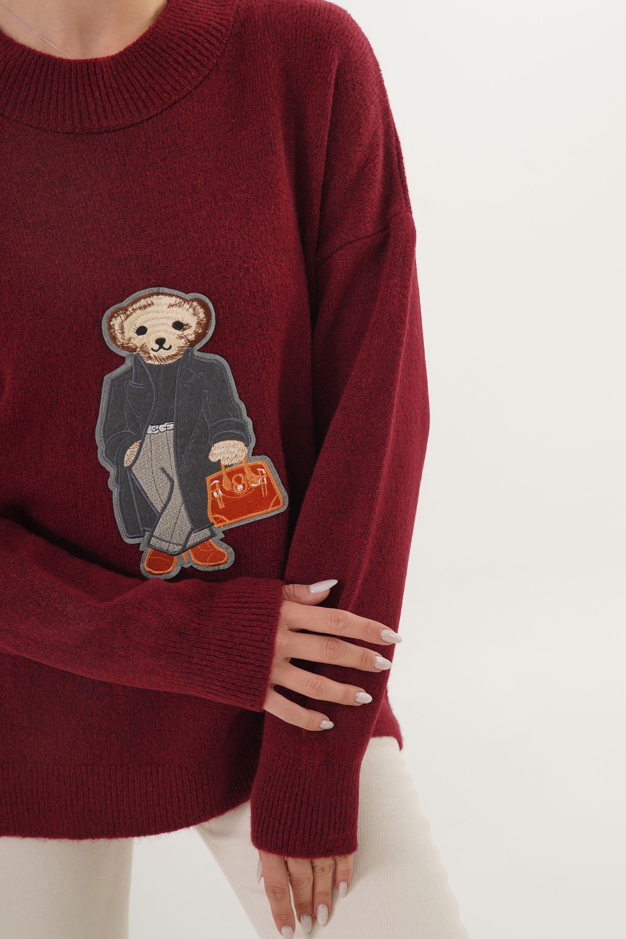 Ayıcık Nakışlı Bisiklet Yaka Toptan Bordo Triko Kazak