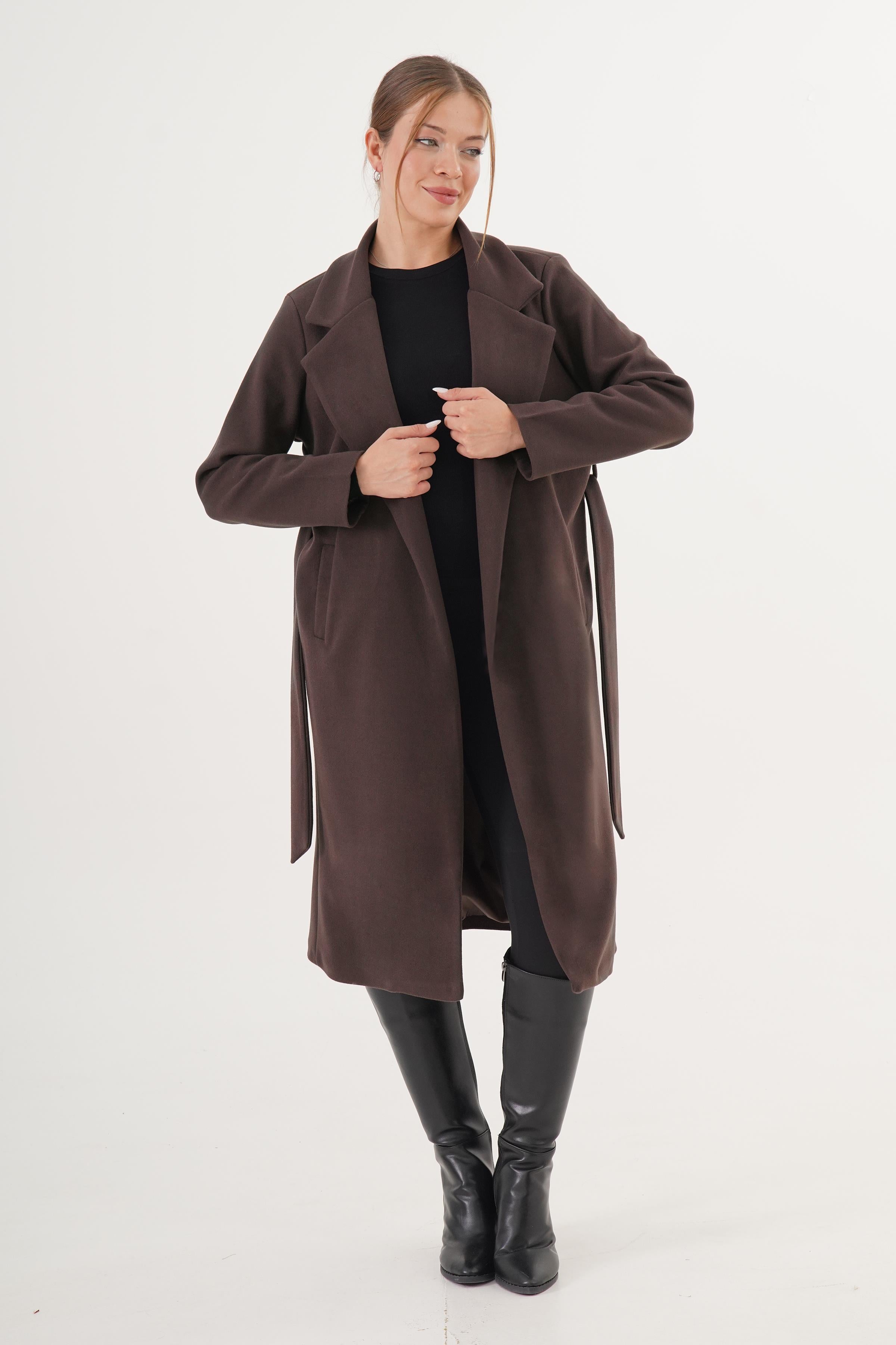 Beli Kuşaklı Astarlı Toptan Kahve Kaşe Kaban