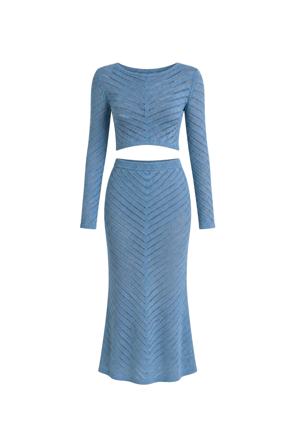 Örgü Desen Crop Bluz Maxi Etek İkili Triko Takım - Mavi