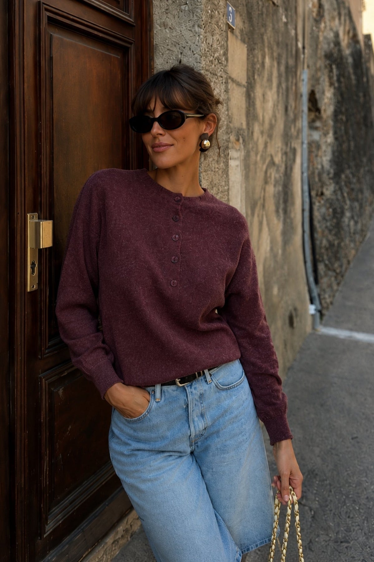 Bisiklet Yaka Düğme Detay Dokulu Bluz - Bej