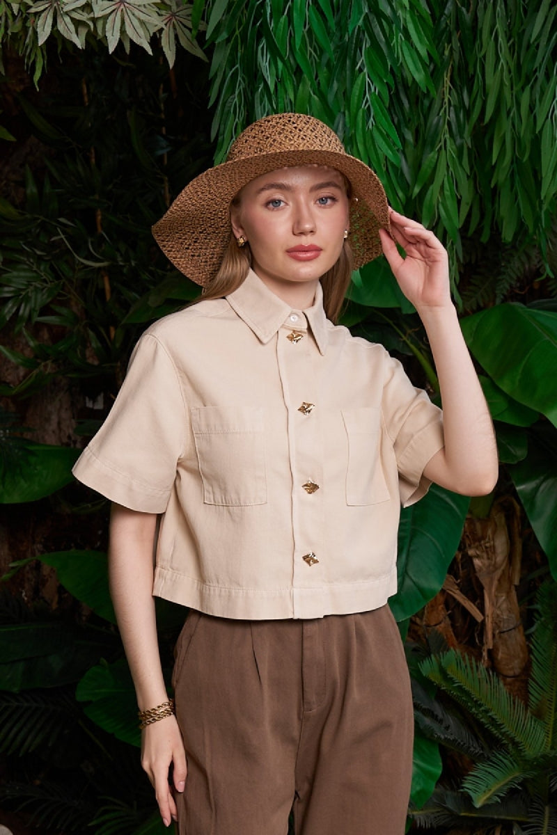 Düğmeli Kısa Kollu Keten Gömlek - Taş - (S-XL) - 5