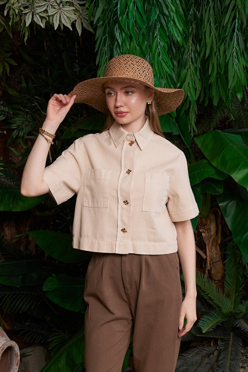 Düğmeli Kısa Kollu Keten Gömlek - Taş - (S-XL) - 6