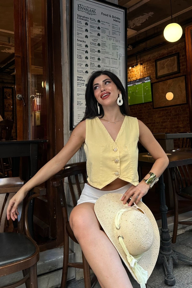 Düğmeli Keten Yelek - Açık Sarı - (S-XL) - 2