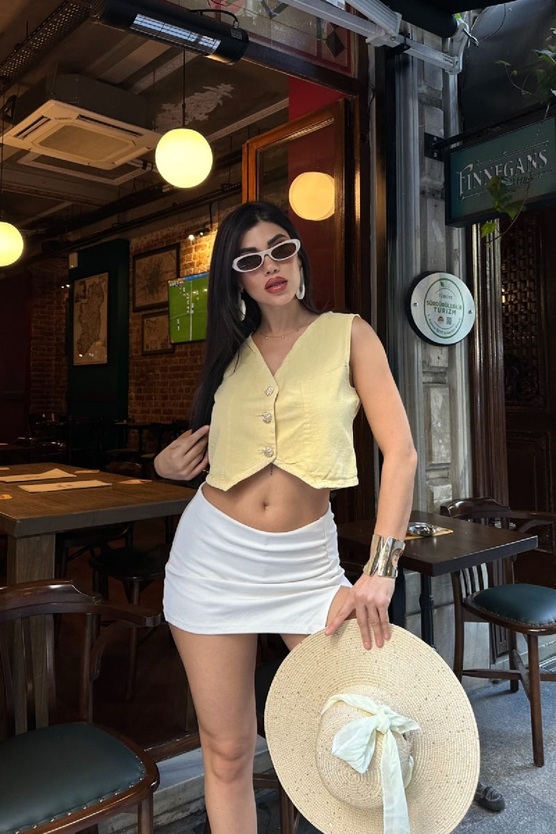Düğmeli Keten Yelek - Açık Sarı - (S-XL) - 3