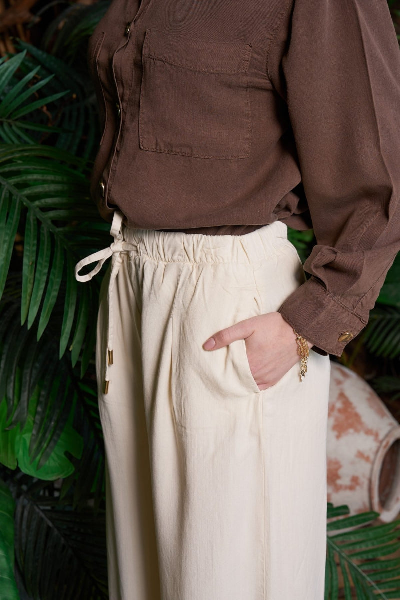 Paça Detaylı Lastikli Keten Pantolon - Taş - (S-XL) - 4