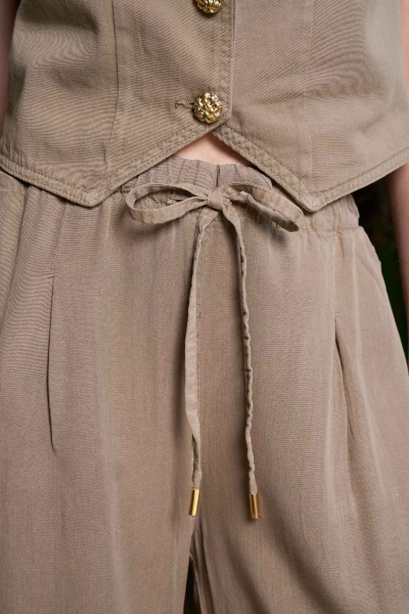 Paça Detaylı Lastikli Keten Pantolon - Yeşil - (S-XL) - 3