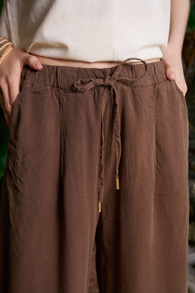 Paça Detaylı Lastikli Keten Pantolon - Kahverengi - (S-XL) - 5