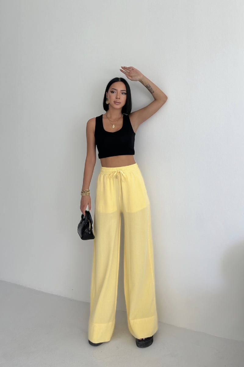 Paça Detaylı Lastikli Keten Pantolon - Açık Sarı - (S-XL) - 3