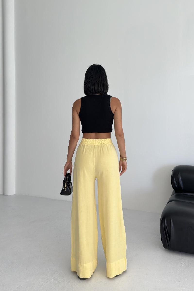 Paça Detaylı Lastikli Keten Pantolon - Açık Sarı - (S-XL) - 4
