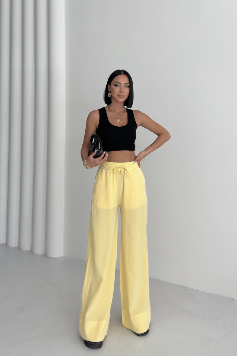 Paça Detaylı Lastikli Keten Pantolon - Açık Sarı - (S-XL) - 5