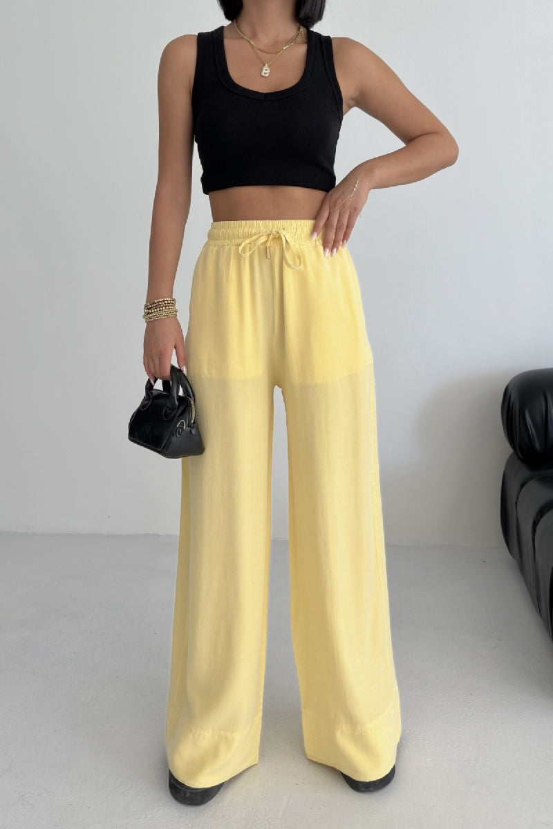 Paça Detaylı Lastikli Keten Pantolon - Açık Sarı - (S-XL) - 6
