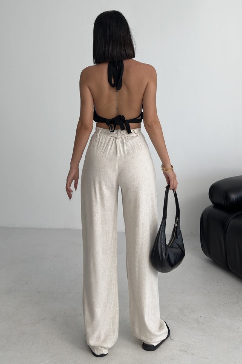 Lastikli Keten Pantolon - Naturel - (S-XL) - 4