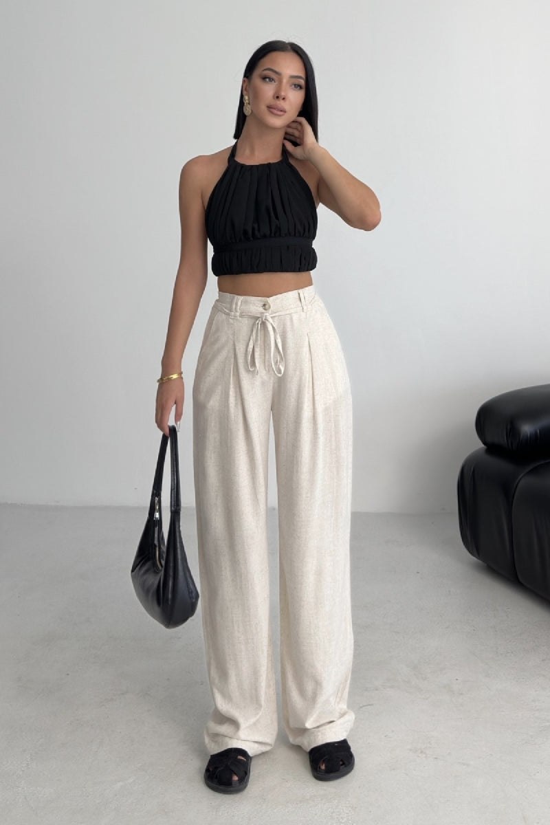 Lastikli Keten Pantolon - Naturel - (S-XL) - 6