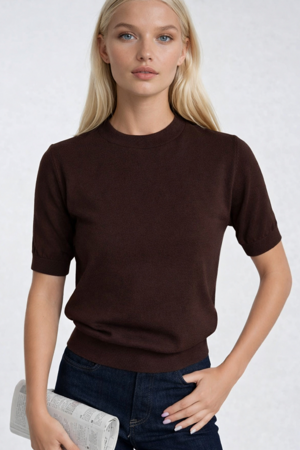 Bisiklet Yaka Kısa Kol Triko Bluz - Siyah
