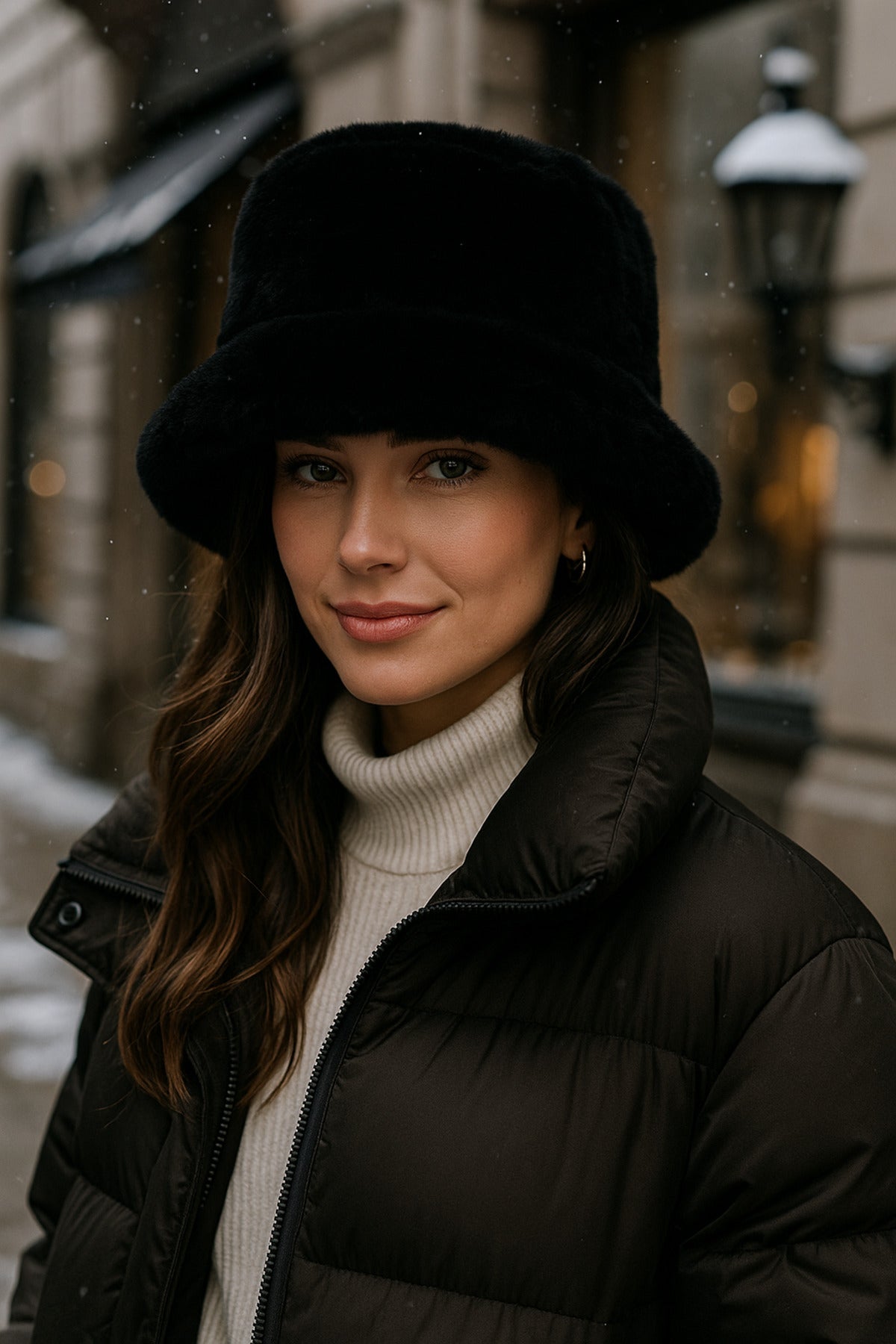 İthal Siyah Tüylü Bucket Şapka - Premium Trend Kış Şapkası - Canlı Siyah Renkli Aksesuar Spk1102-1