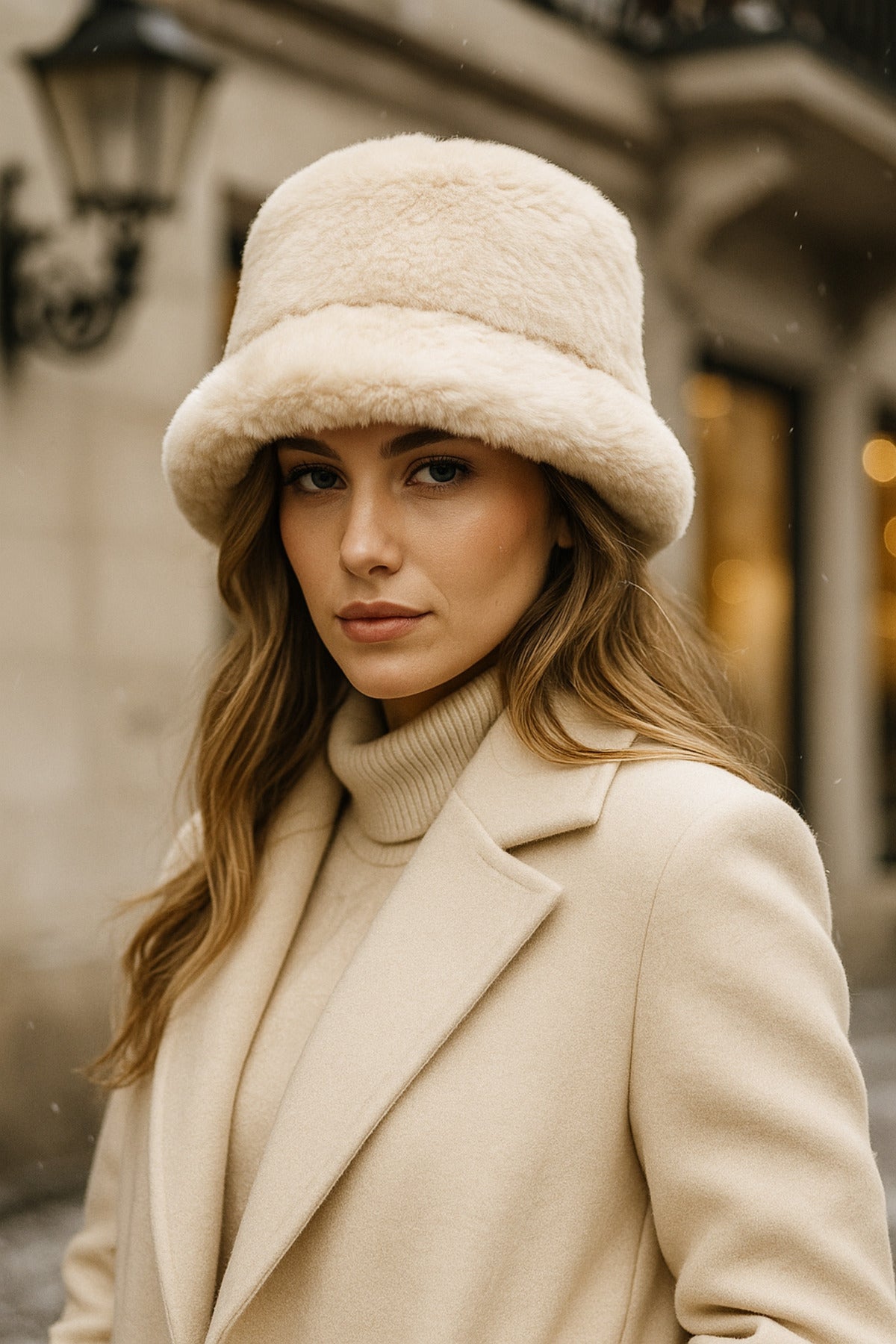 İthal Bej Tüylü Bucket Şapka - Premium Trend Kış Şapkası - Canlı Bej Renkli Aksesuar Spk1102-1