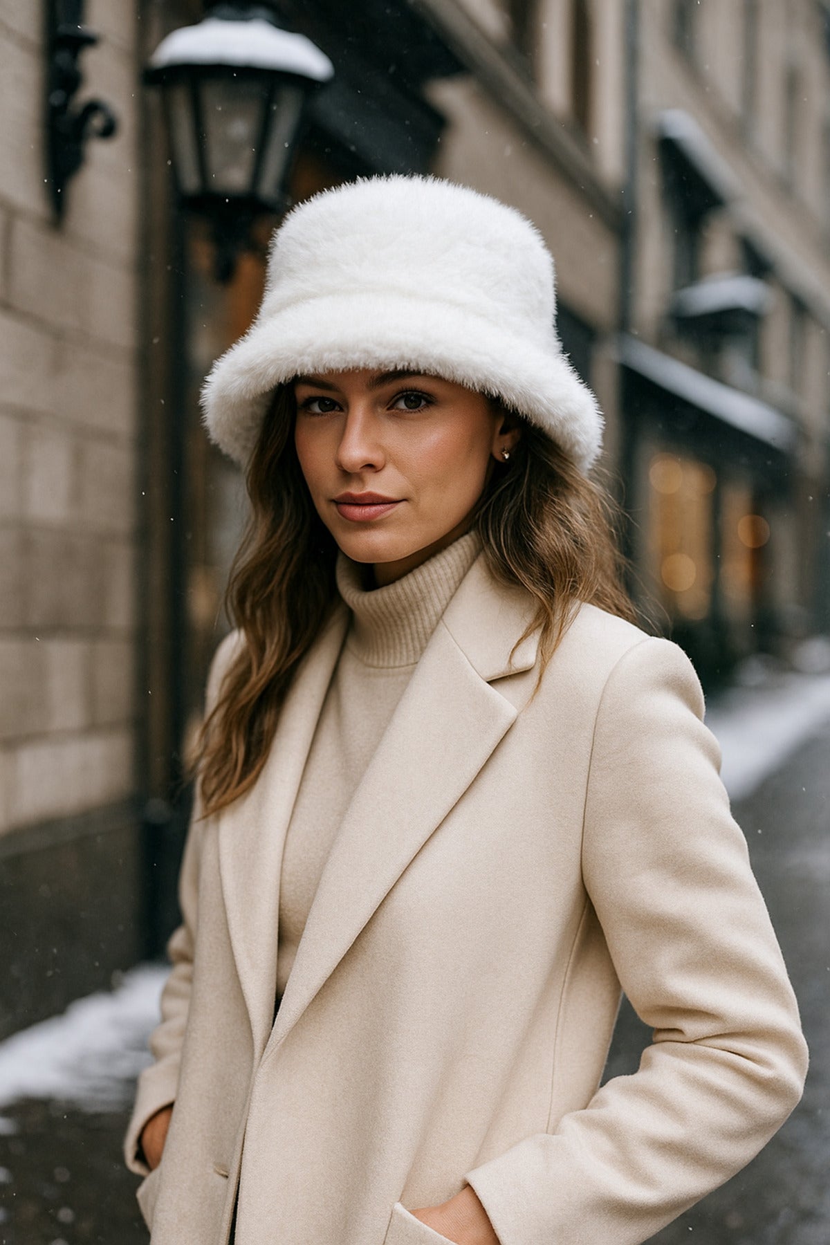 İthal Ekru Tüylü Bucket Şapka - Trend Kış Şapkası - Premium Ekru Renkli Aksesuar Spk1102-1