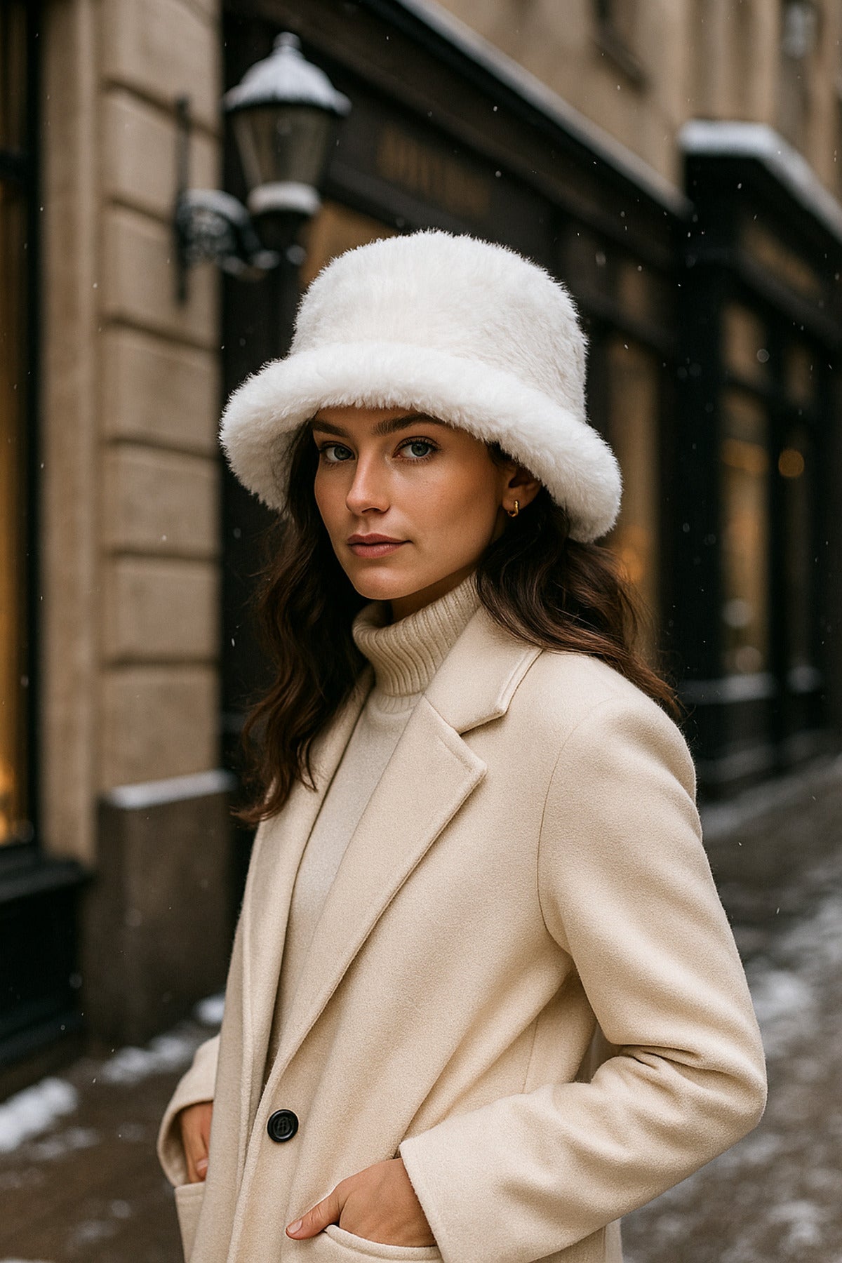 İthal Ekru Tüylü Bucket Şapka - Trend Kış Şapkası - Premium Ekru Renkli Aksesuar Spk1102-1