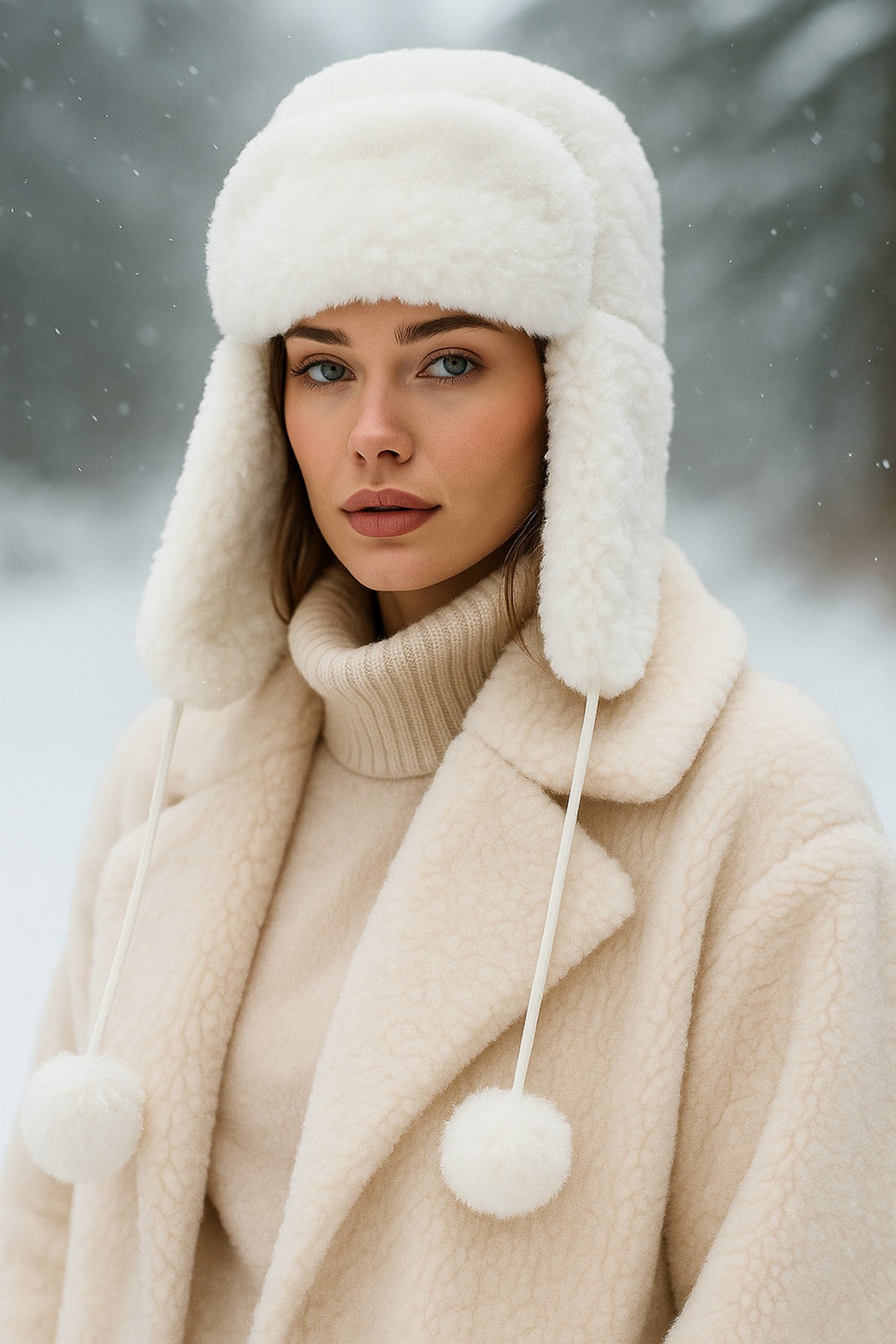 Kadın Ekru Ponponlu Kürklü Kulaklıklı Peluş Şapka Bere Bere1103