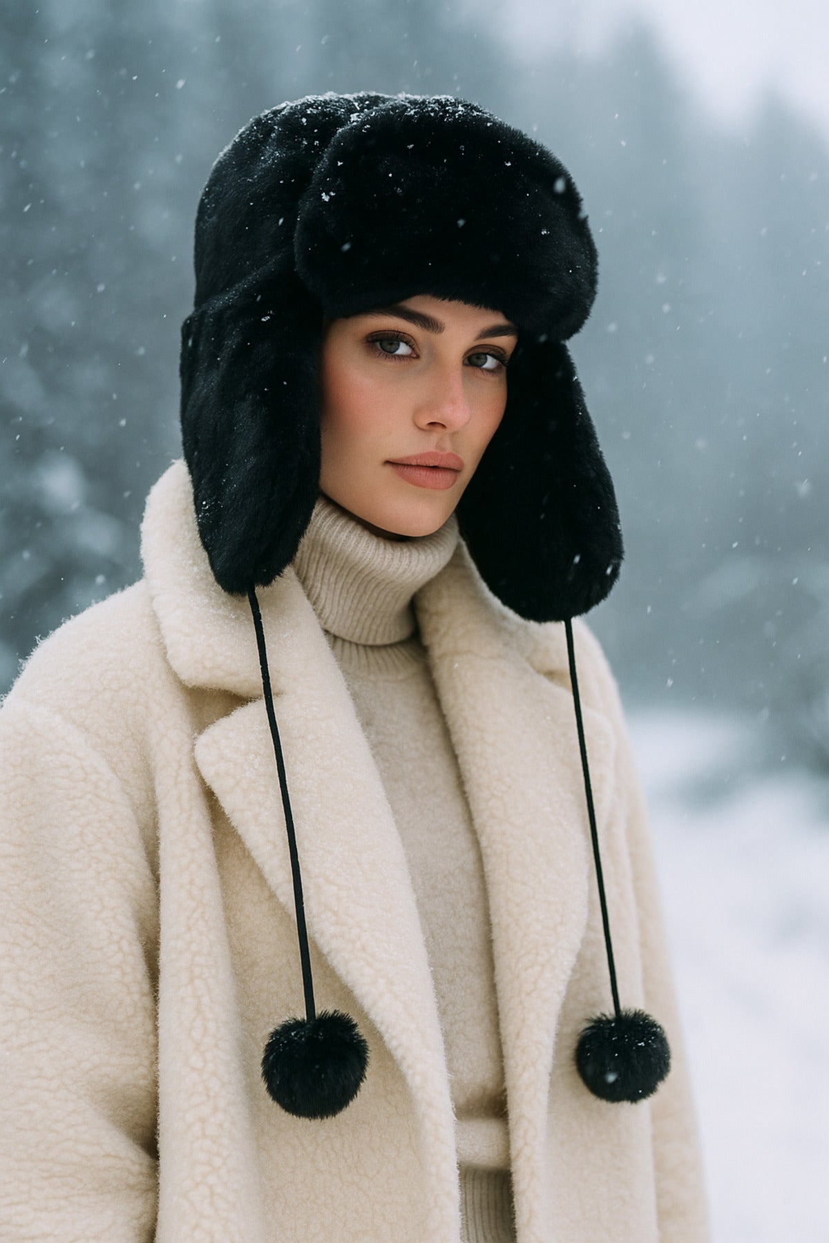 Kadın Siyah Ponponlu Kürklü Kulaklıklı Peluş Şapka Bere Bere1103