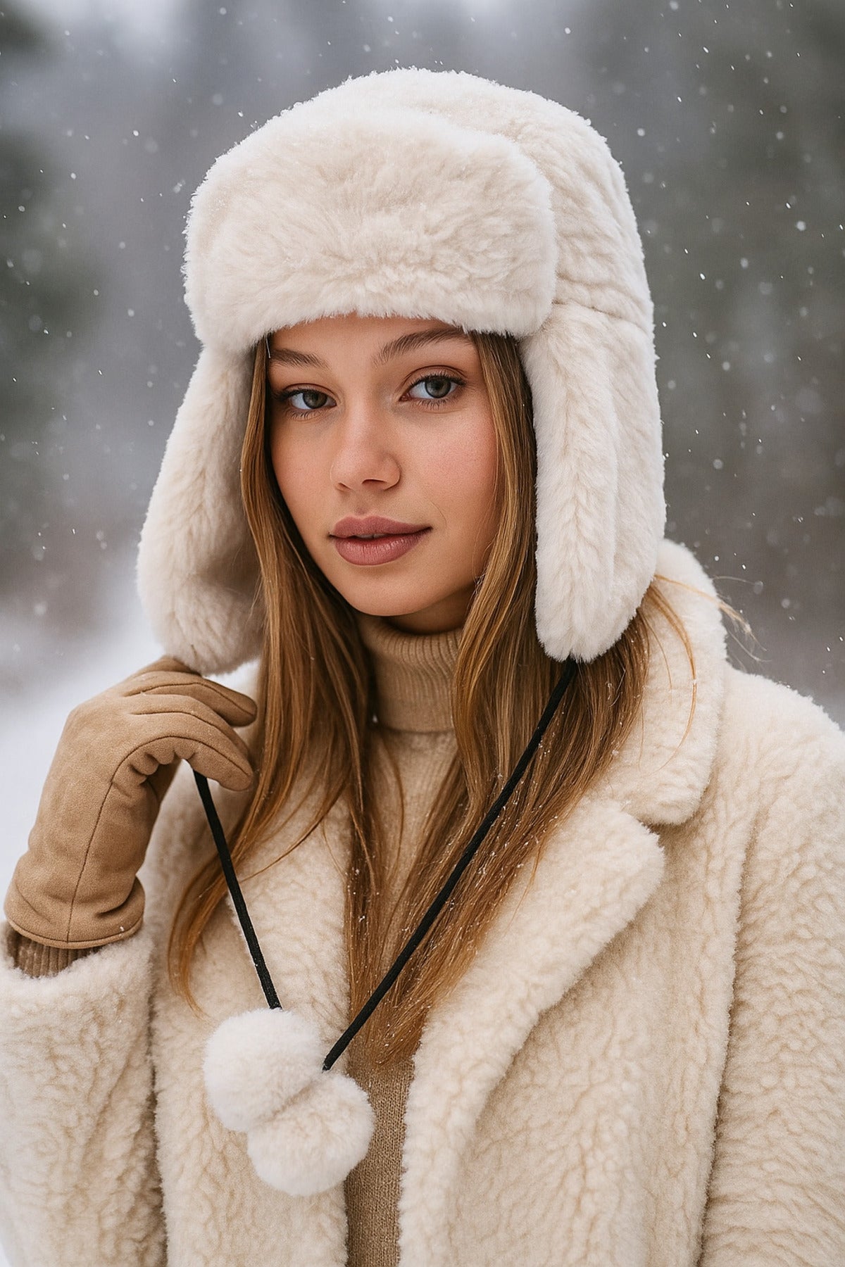 Kadın Bej Ponponlu Kürklü Kulaklıklı Peluş Şapka Bere Bere1103