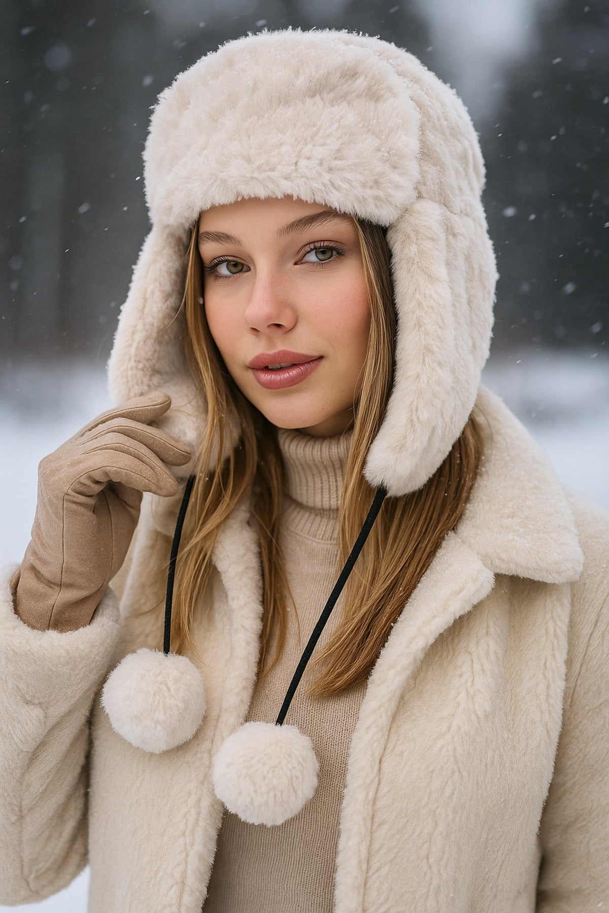 Kadın Bej Ponponlu Kürklü Kulaklıklı Peluş Şapka Bere Bere1103