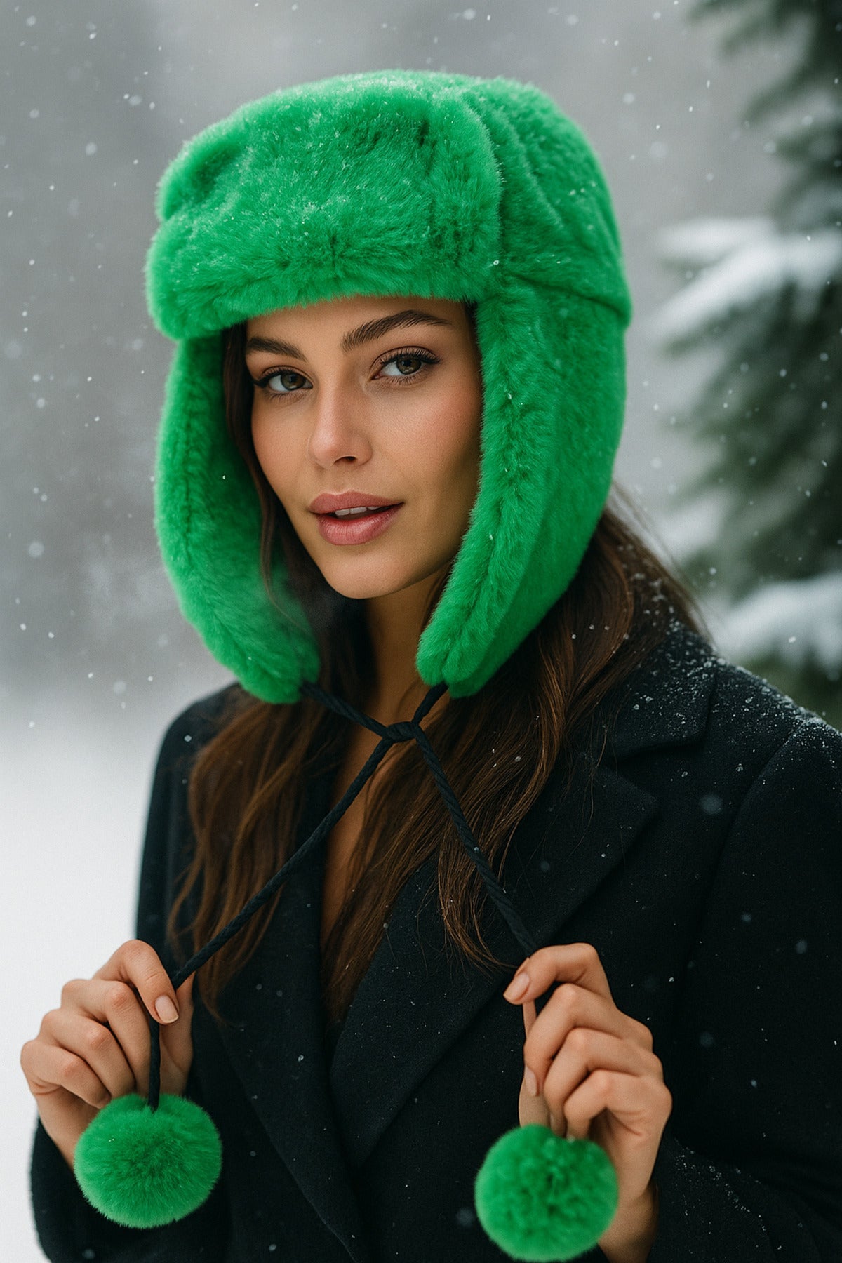 Kadın Yeşil Ponponlu Kürklü Kulaklıklı Peluş Şapka Bere Bere1103