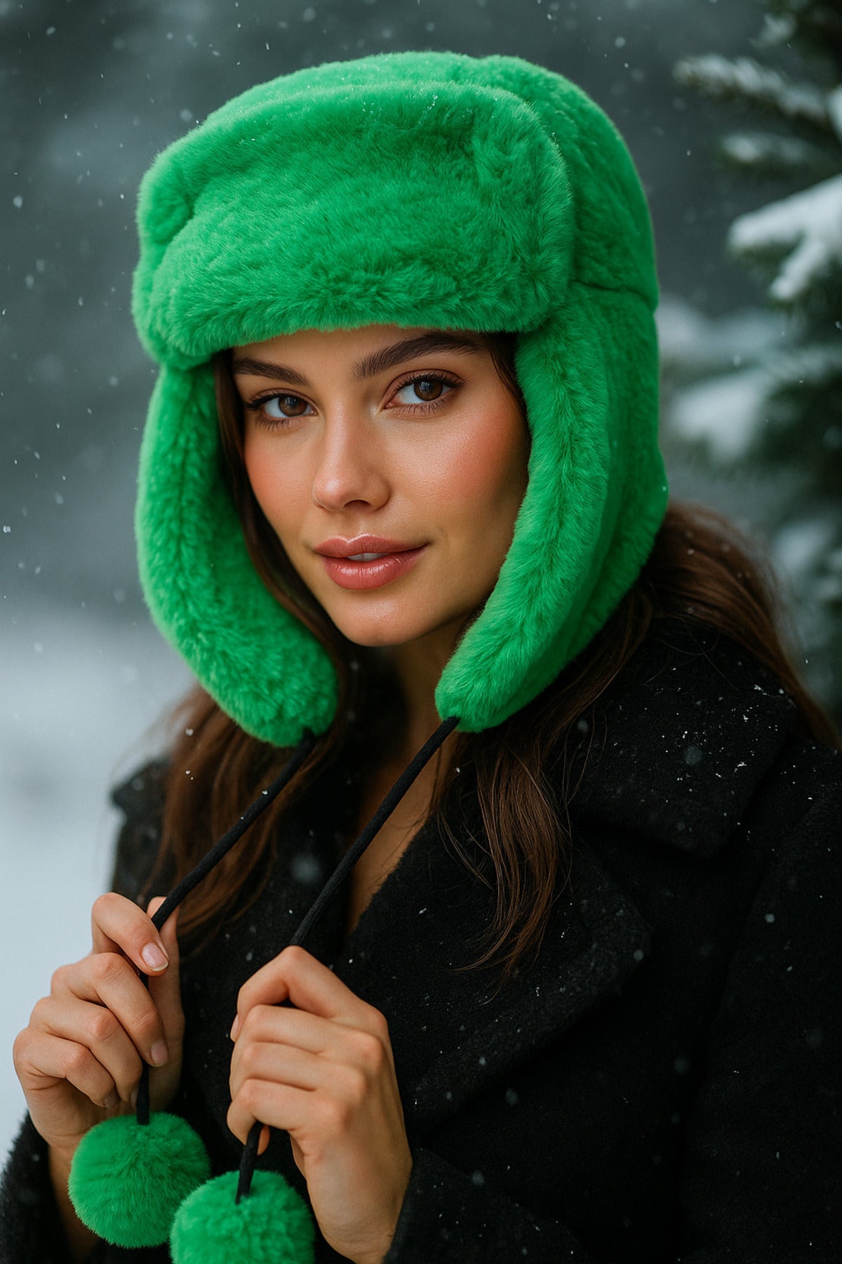 Kadın Yeşil Ponponlu Kürklü Kulaklıklı Peluş Şapka Bere Bere1103