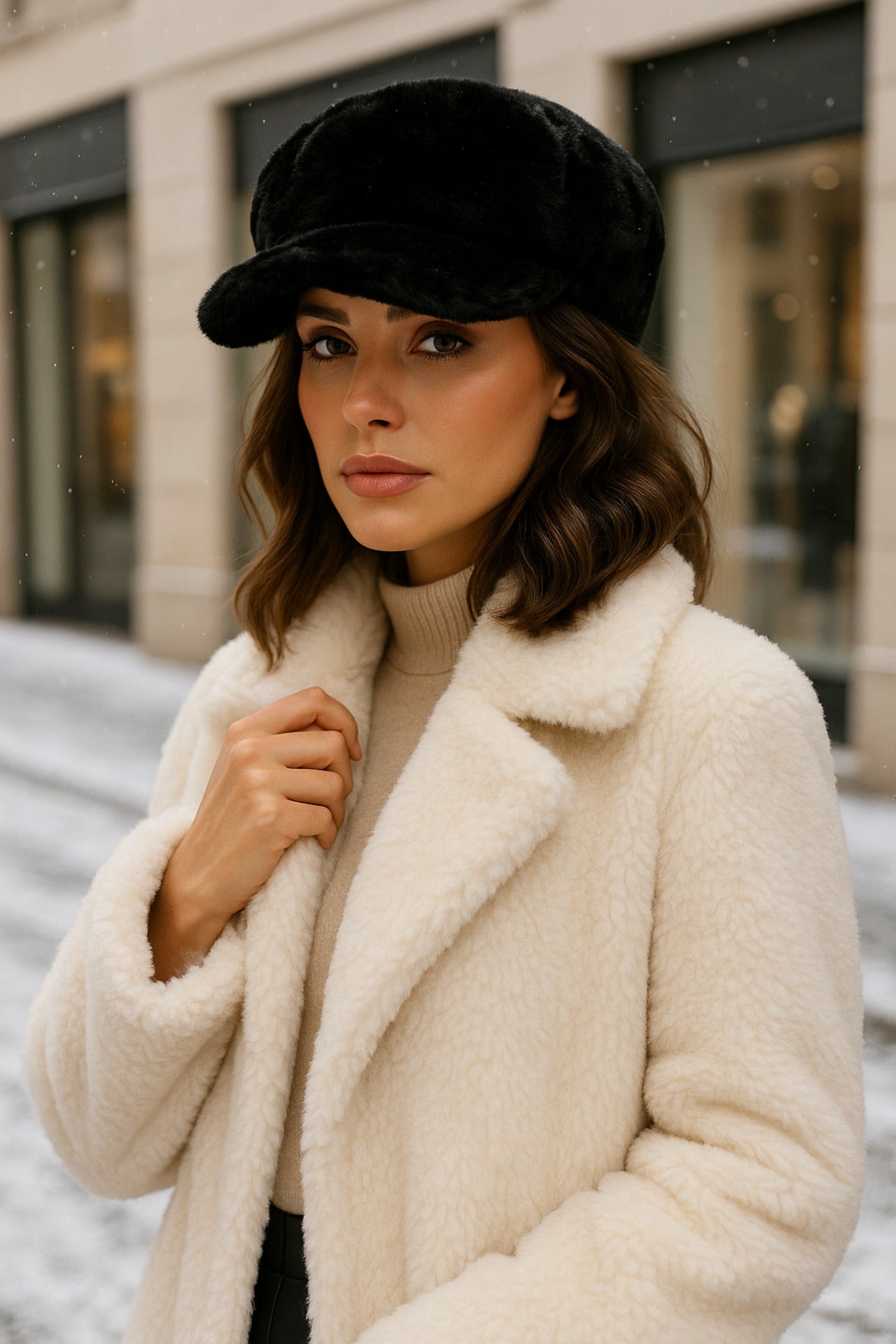 Siyah Kalın Tüylü Kışlık Şapka Sıcak Tutan Pofuduk Kürk Dokulu Aksesuar Spk1128