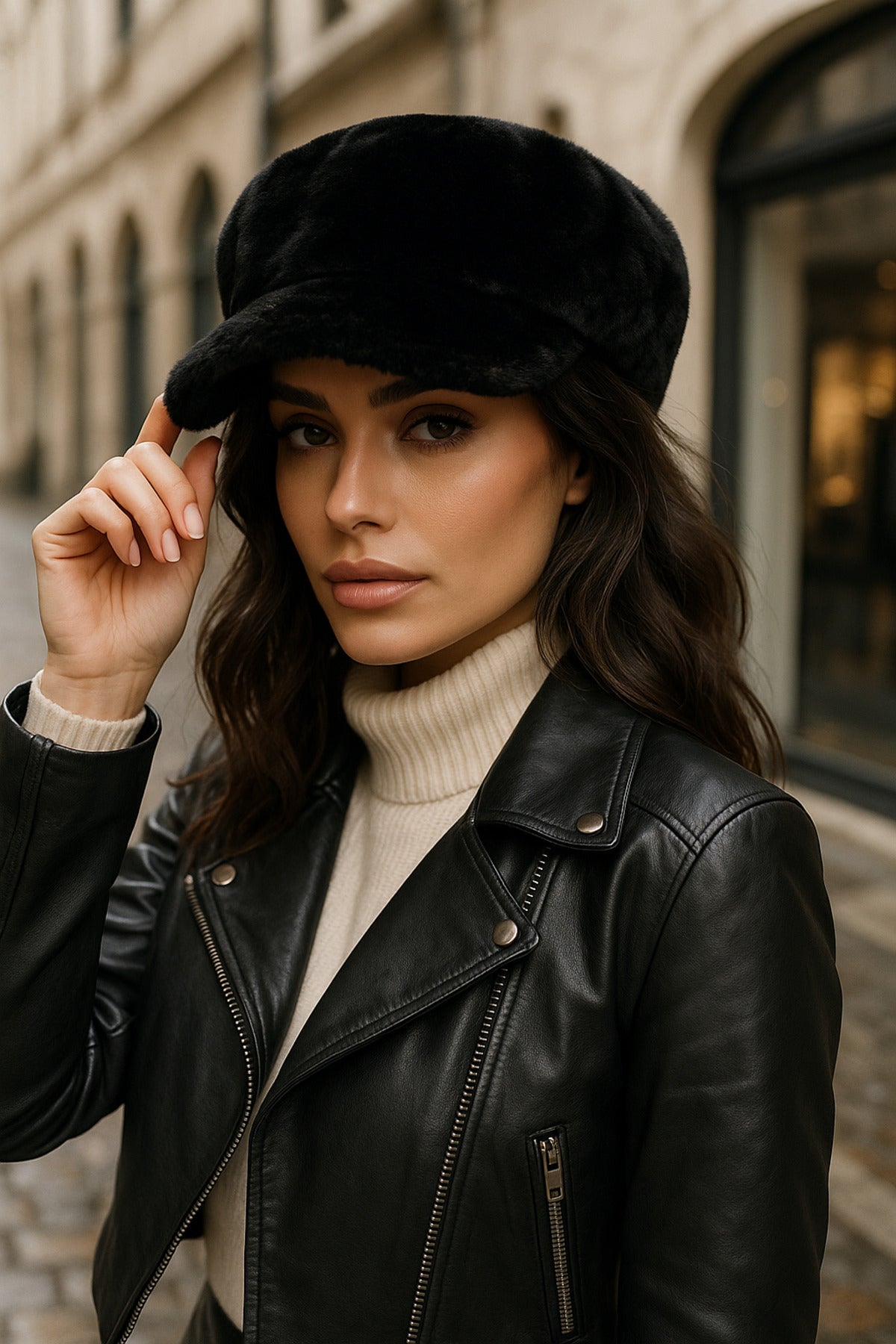 Siyah Kalın Tüylü Kışlık Şapka Sıcak Tutan Pofuduk Kürk Dokulu Aksesuar Spk1128