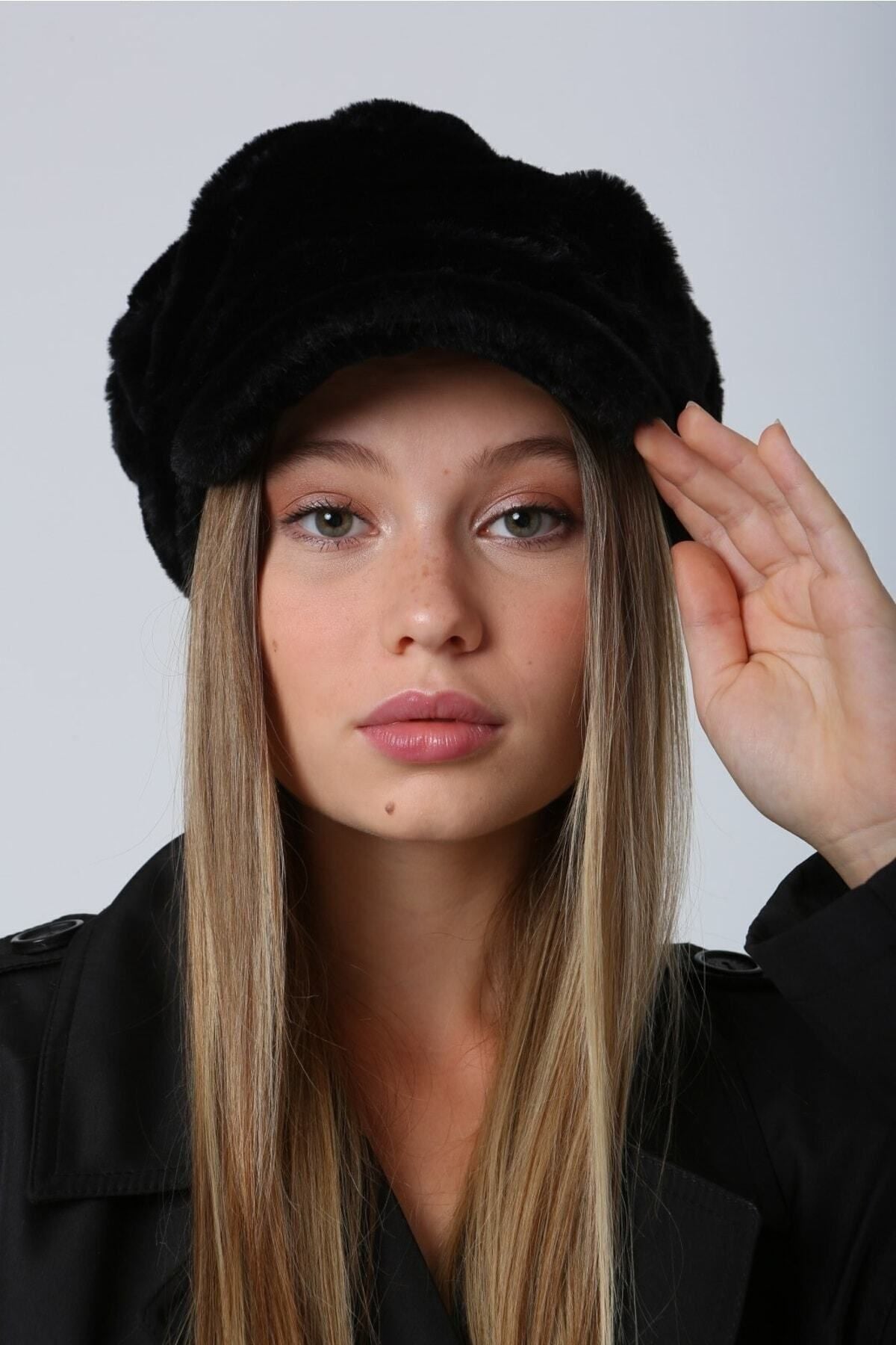 Siyah Kalın Tüylü Kışlık Şapka Sıcak Tutan Pofuduk Kürk Dokulu Aksesuar Spk1128