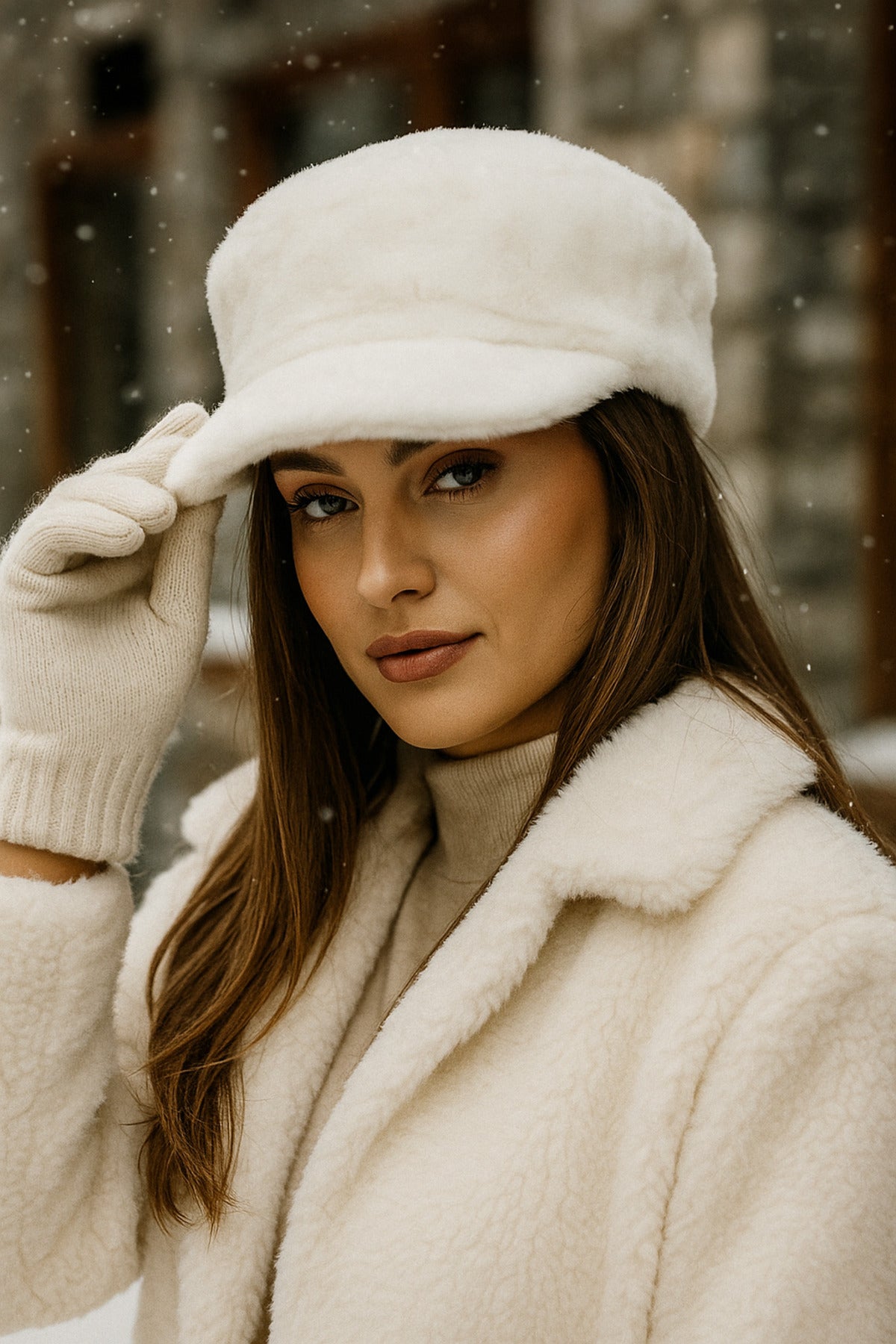 Ekru Kalın Tüylü Kışlık Şapka Sıcak Tutan Pofuduk Kürk Dokulu Aksesuar Spk1128