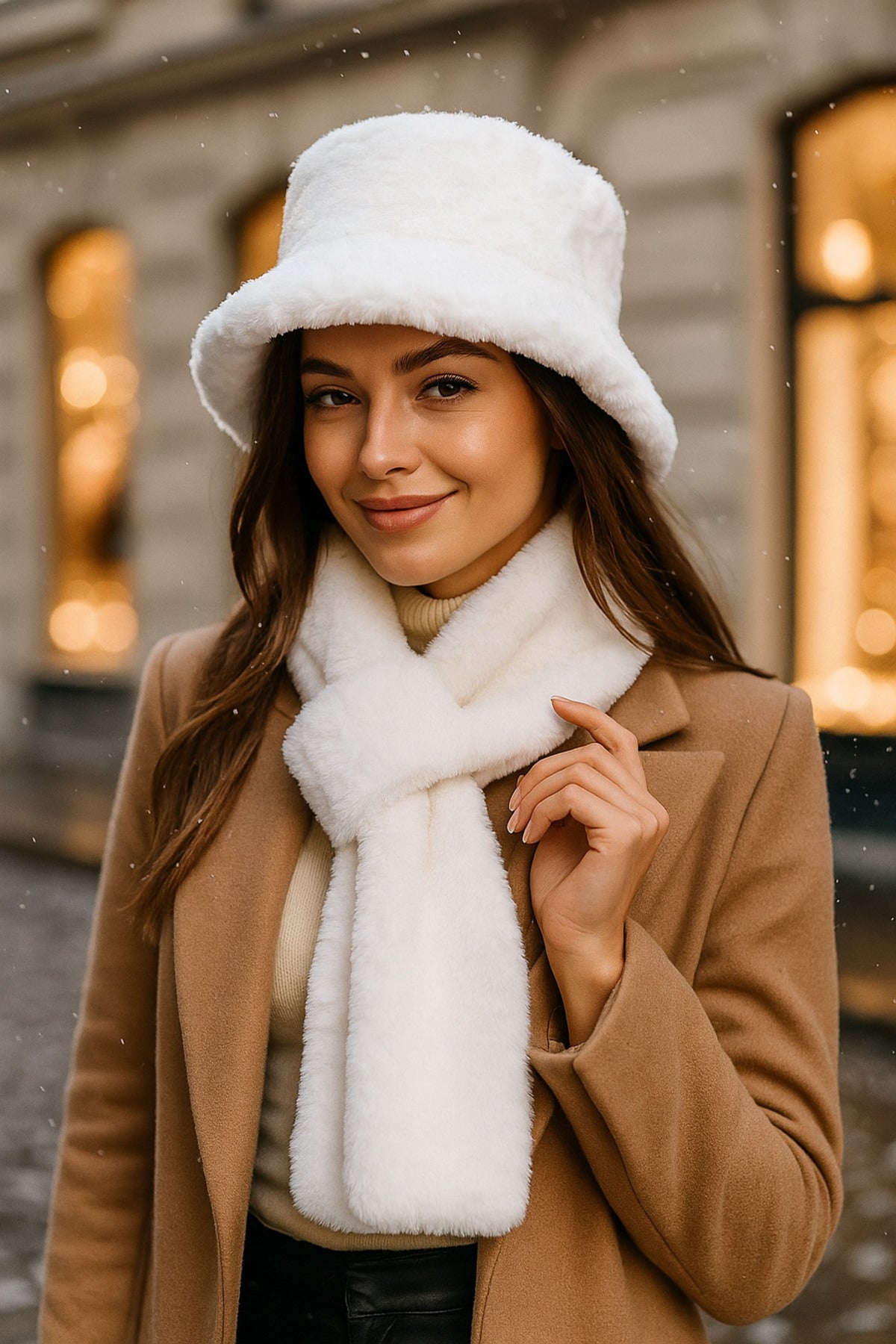 İthal Ekru Peluş Şapka Ve Atkı Seti -Premium Yumuşak, Sıcak Tutan Kış Aksesuarları Set01-1