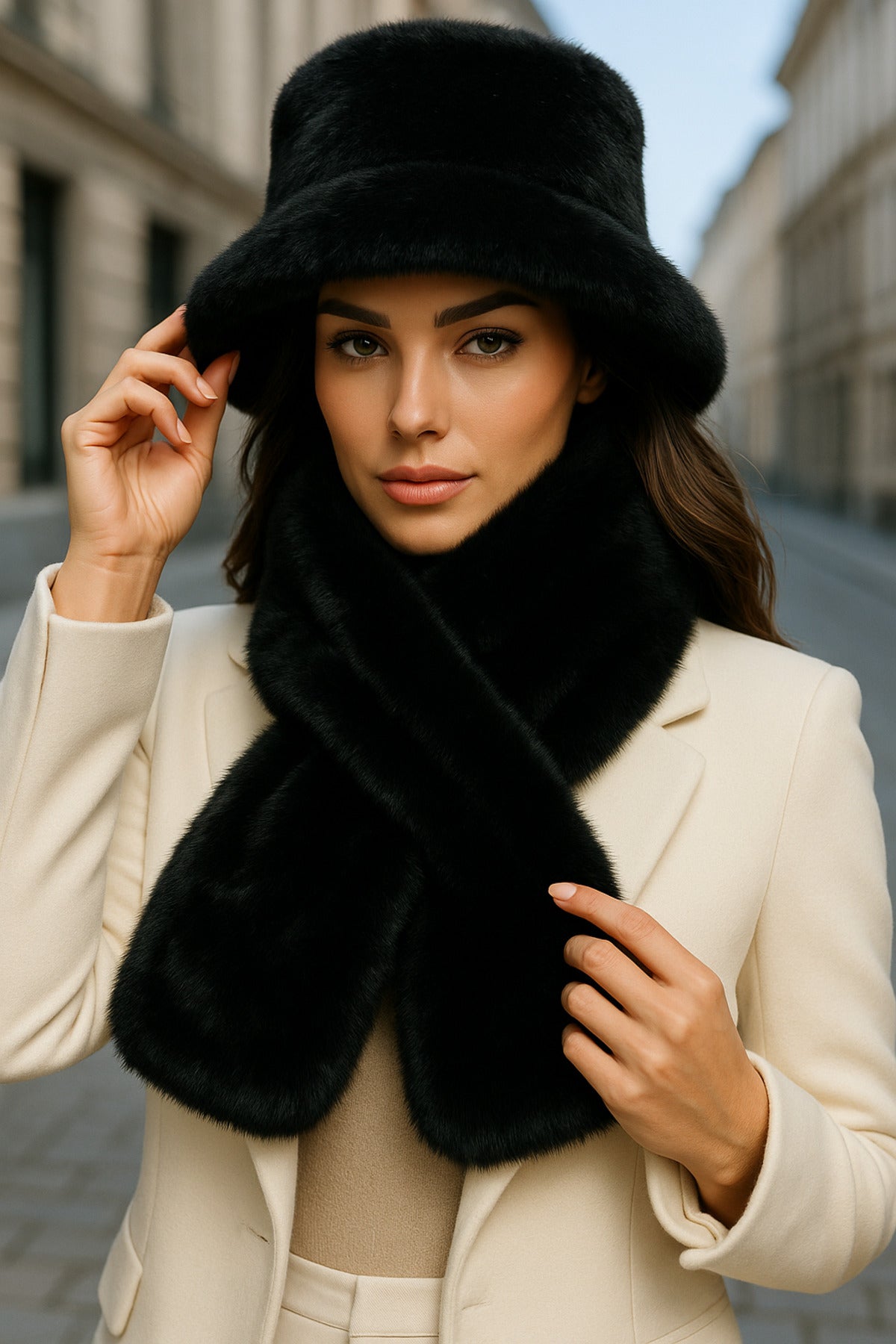 İthal Siyah Peluş Şapka Ve Atkı Seti - Premium Yumuşak, Sıcak Tutan Kış Aksesuarları Set01-1