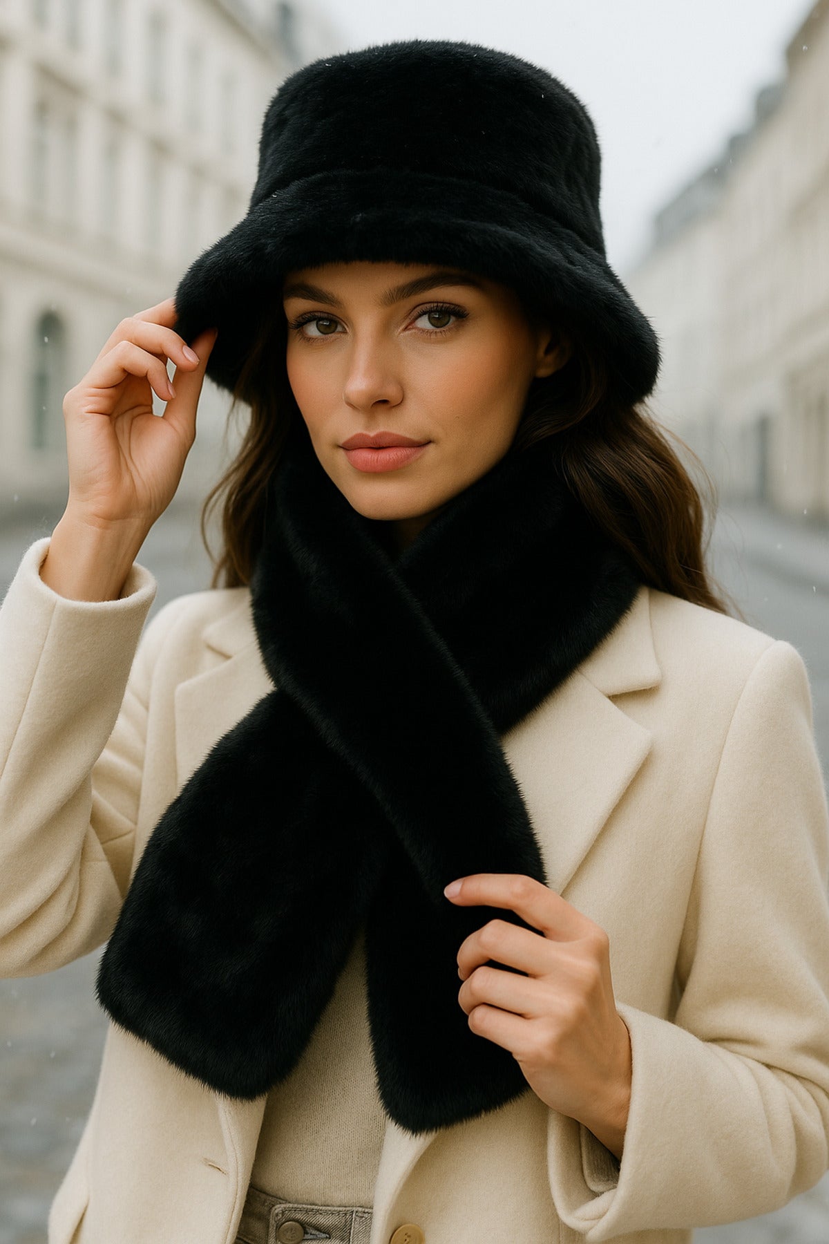 İthal Siyah Peluş Şapka Ve Atkı Seti - Premium Yumuşak, Sıcak Tutan Kış Aksesuarları Set01-1