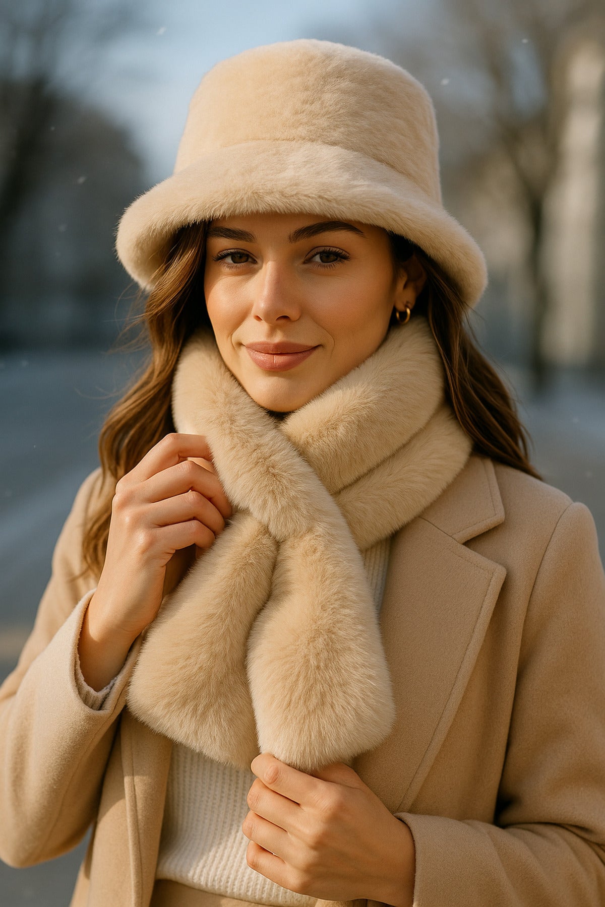 İthal Bej Peluş Şapka Ve Atkı Seti - Premium Yumuşak, Sıcak Tutan Kış Aksesuarları Set01-1