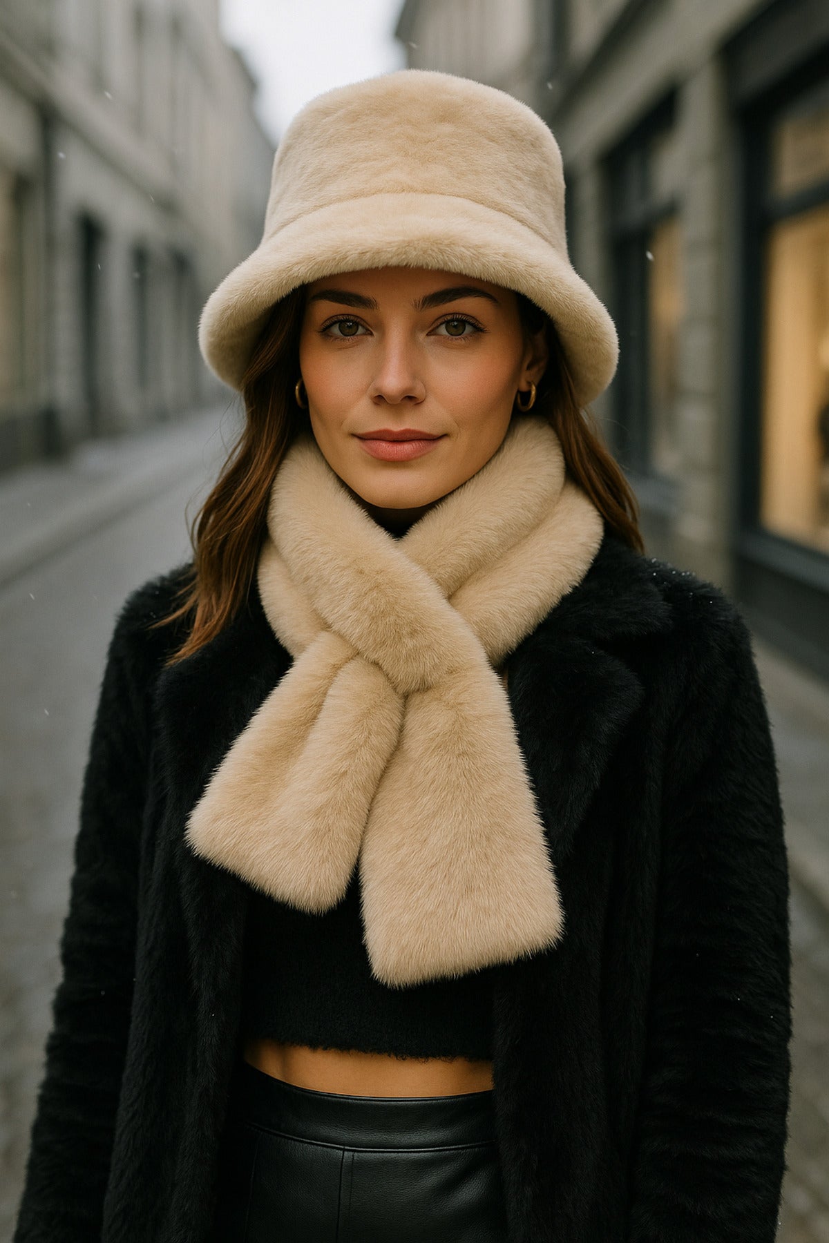 İthal Bej Peluş Şapka Ve Atkı Seti - Premium Yumuşak, Sıcak Tutan Kış Aksesuarları Set01-1