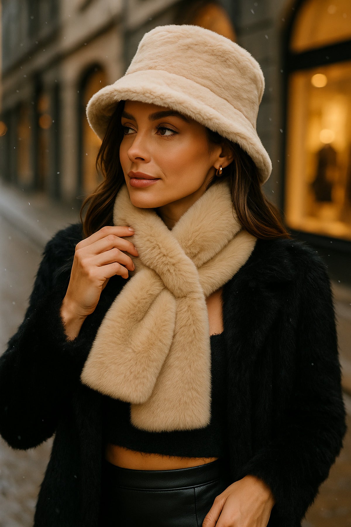 İthal Bej Peluş Şapka Ve Atkı Seti - Premium Yumuşak, Sıcak Tutan Kış Aksesuarları Set01-1