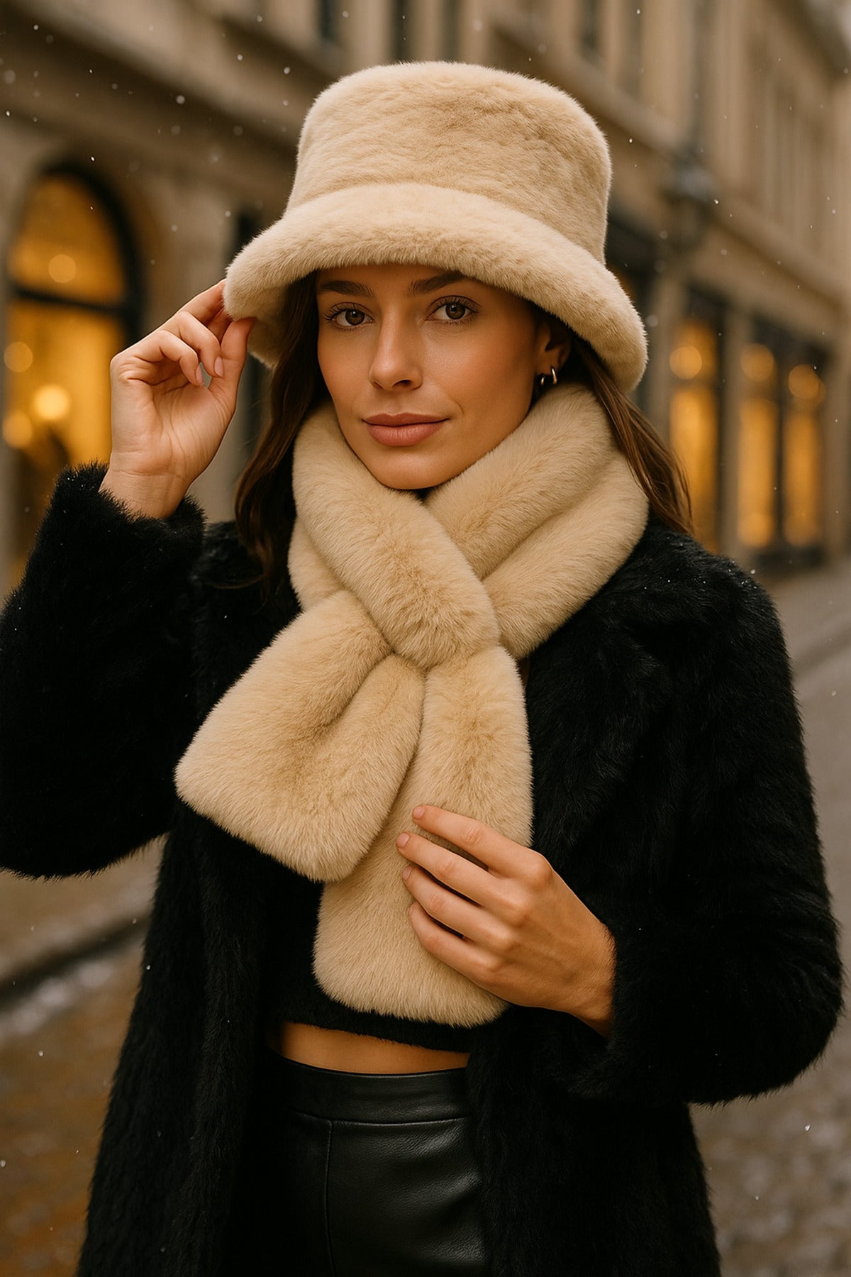 İthal Bej Peluş Şapka Ve Atkı Seti - Premium Yumuşak, Sıcak Tutan Kış Aksesuarları Set01-1