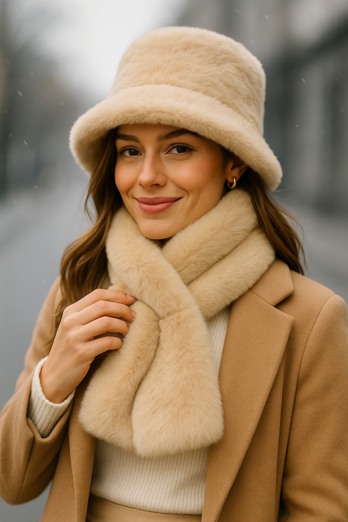 İthal Bej Peluş Şapka Ve Atkı Seti - Premium Yumuşak, Sıcak Tutan Kış Aksesuarları Set01-1