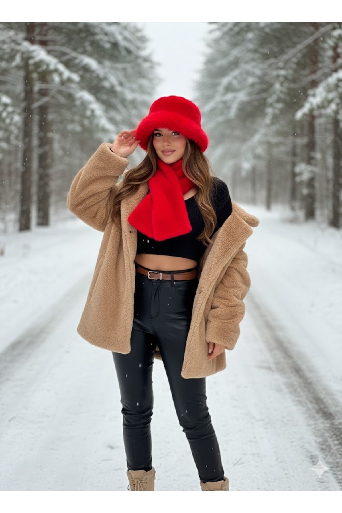 İthal Kırmızı Peluş Şapka Ve Atkı Seti - Premium Yumuşak, Sıcak Tutan Kış Aksesuarları Set02