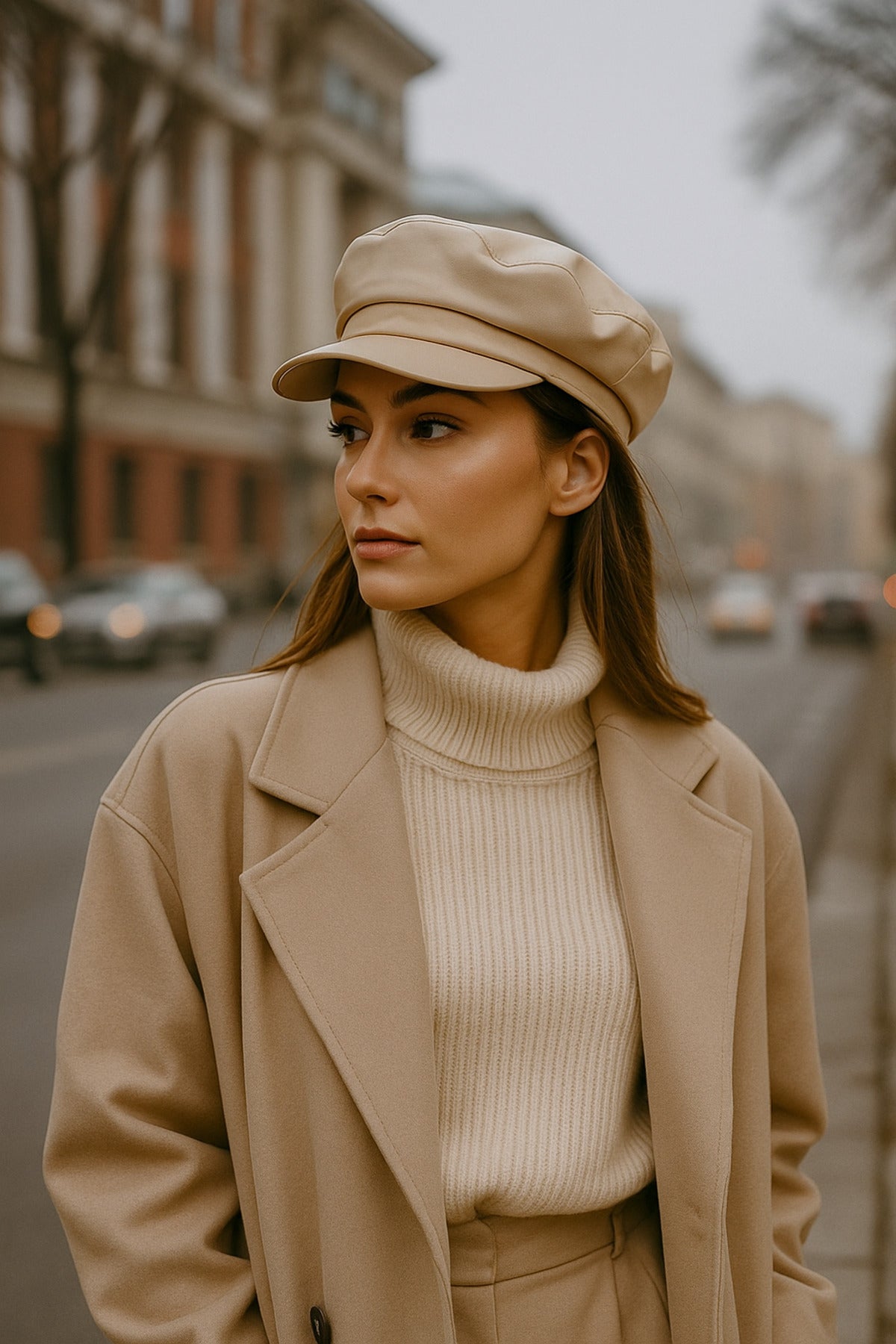 Şık Ve Modern Sentetik Deri Bej Şapka - Geniş Siperlikli Ve Dikiş Detaylı Tasarım Spk1127